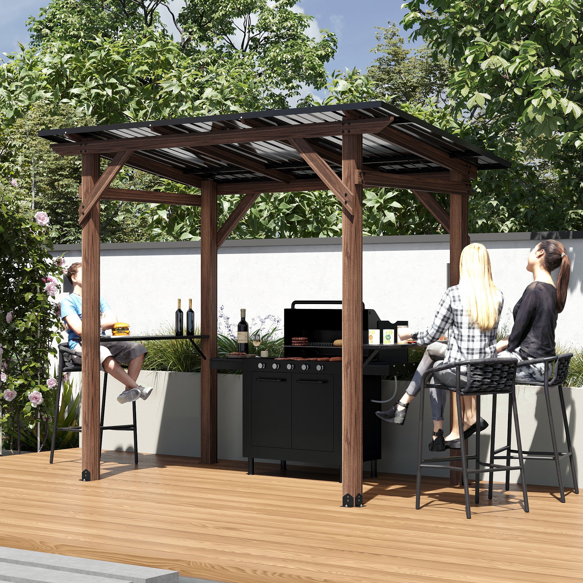 Cedar Wood Grill Gazebo Hardtop Roof With Side Tables For Patio BBQ Shelter