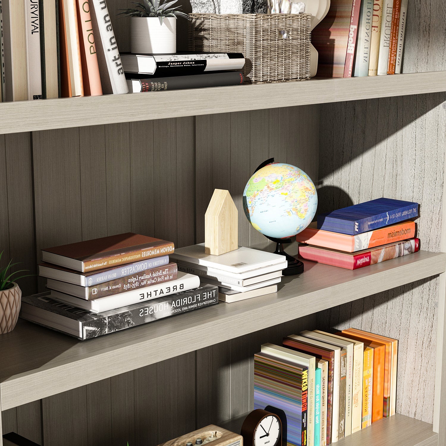 Bookshelf Cabinet Large Grey Sideboard with 3-Tier Open Shelf & 2 Drawers