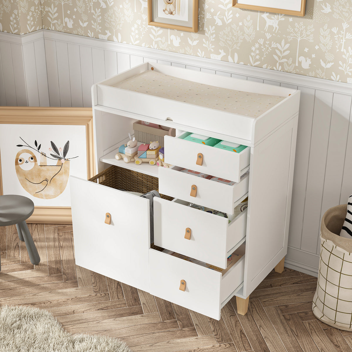 47.2 inch Modern White Changing Table Dresser with 3 Drawers & 2 Storage Cabinets