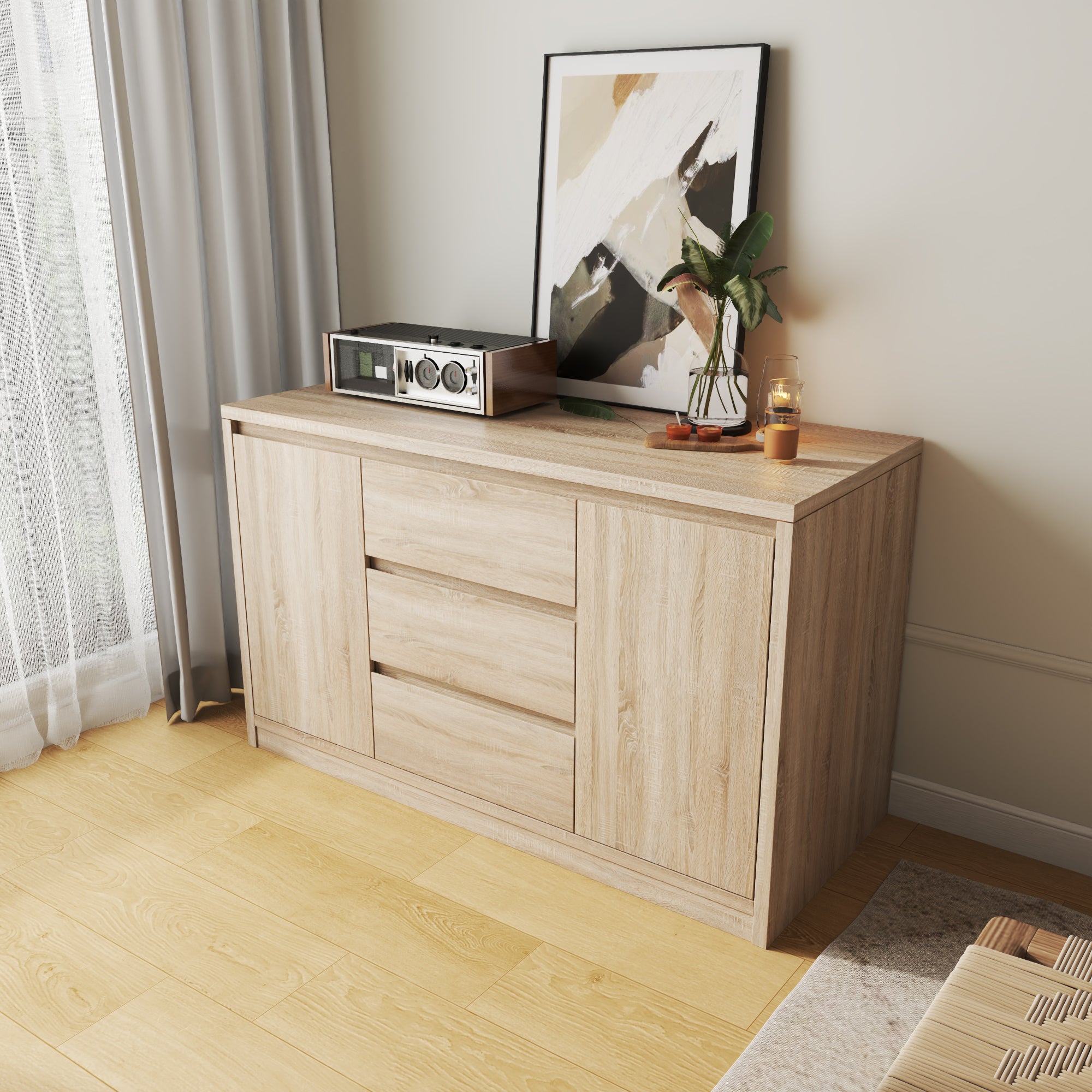 55'' W 3-Drawer Sideboard With Hidden Gun Safe Lock & Hidden Space & NFC