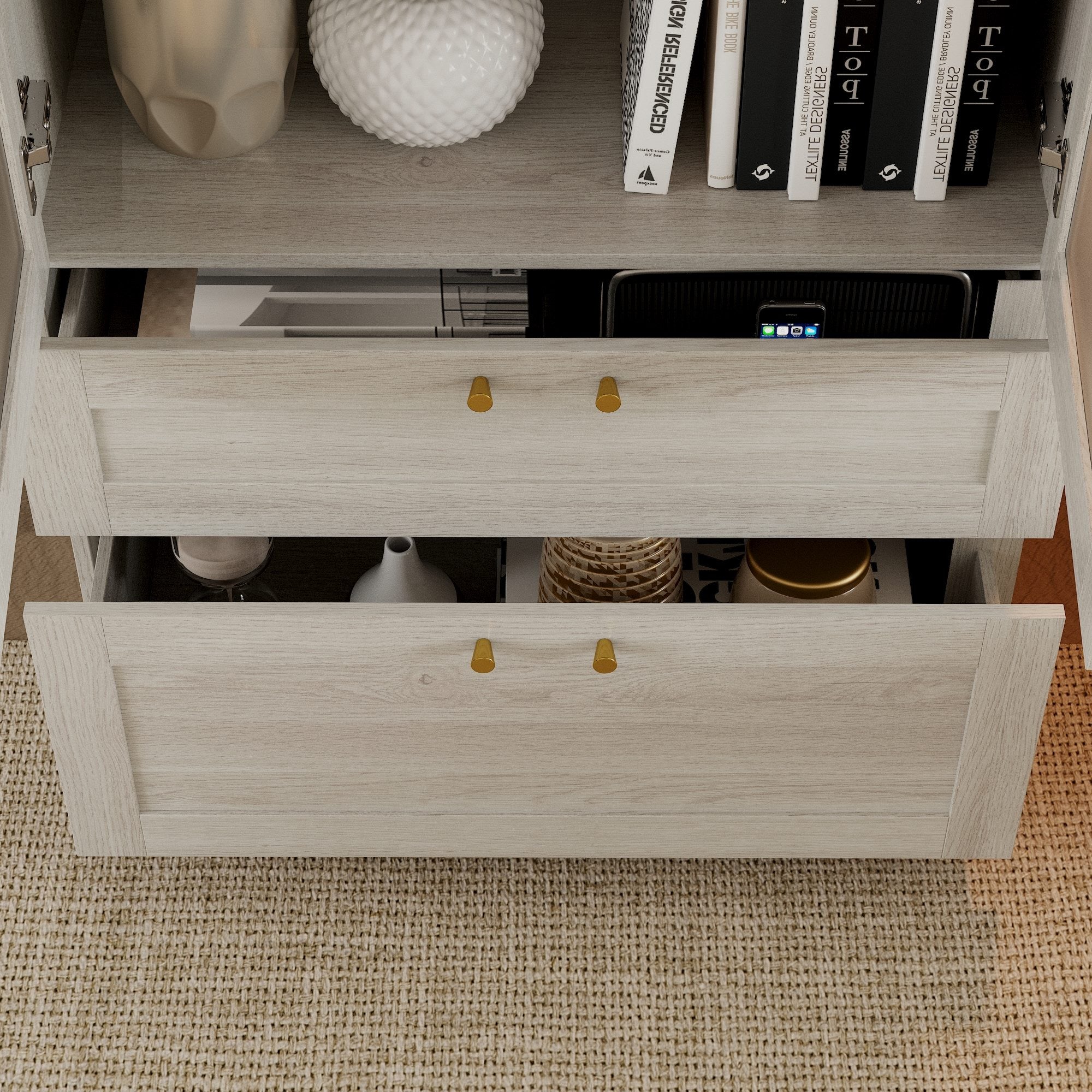 Elegant Glass Display Cabinet With Gold Handles And Storage Drawers