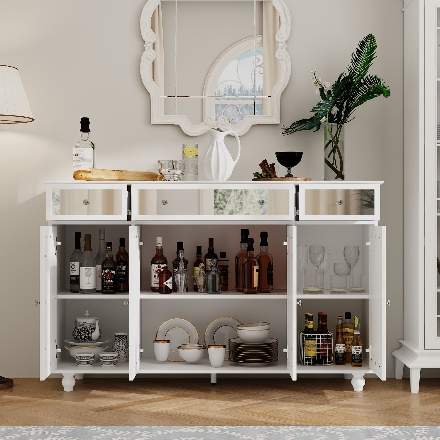 55.1'' Wide 3 Drawer Mirrored Door Sideboard