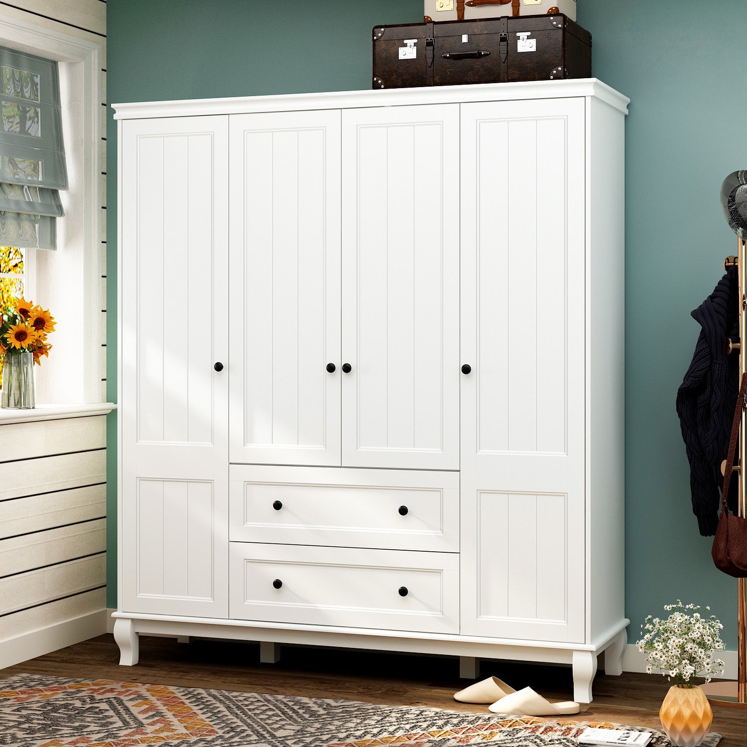 Wardrobe Armoire Garment Rack Closet with Storage Shelves and Drawers in White Finish for Bedroom