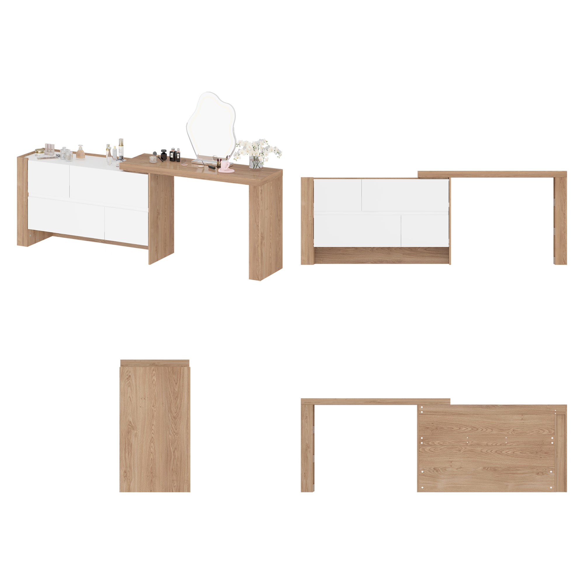 L-Shaped Modern Vanity Set with Adjustable Storage and 4 Drawer Chest