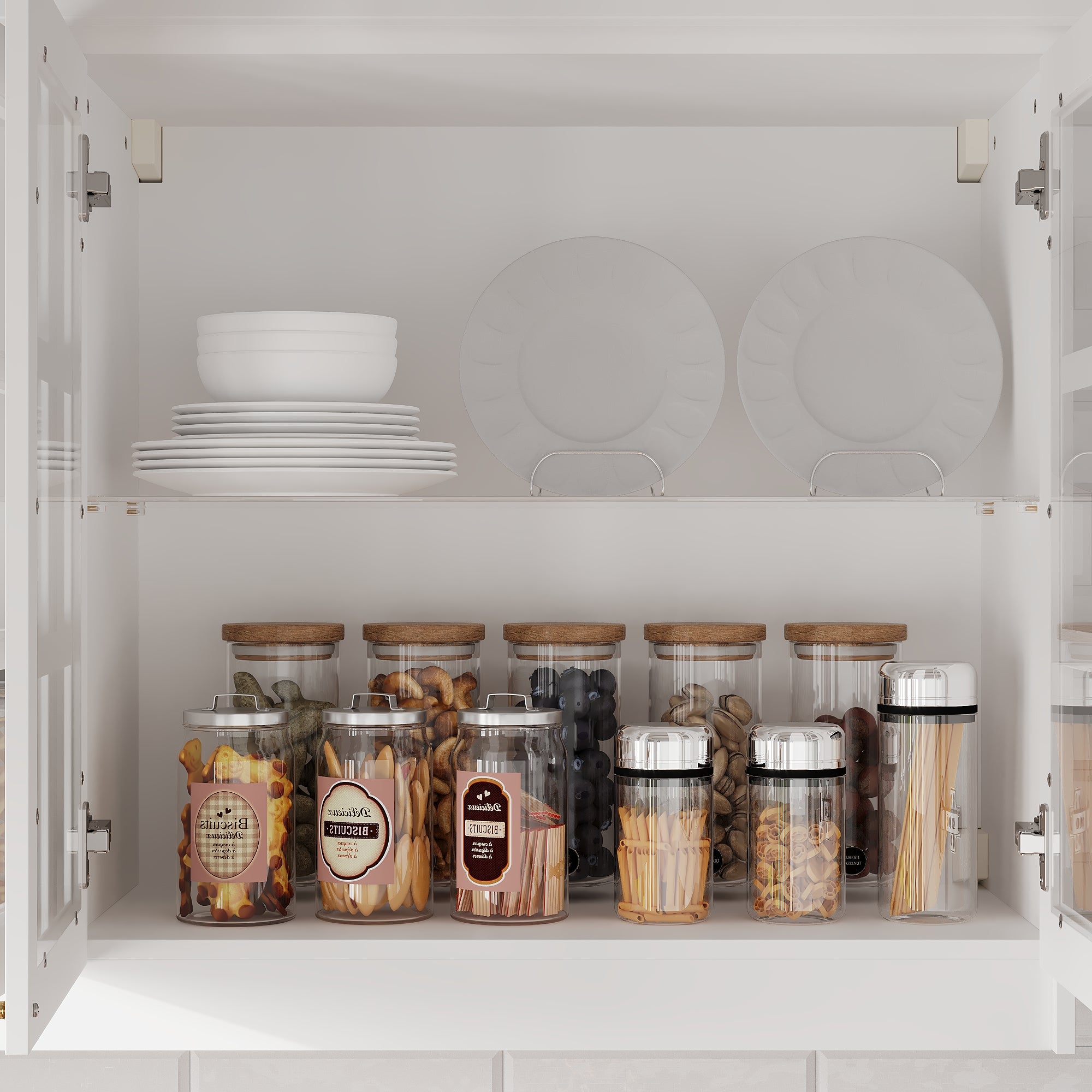 63.4 inch Modern White Wall Mounted Kitchen Cabinet with 4 Glass Doors