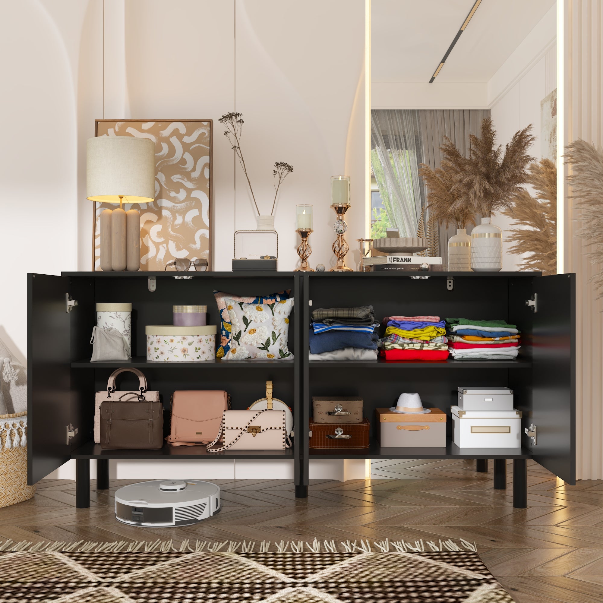 Sideboard Buffet Table Console Table in White Finish 4 U-Shaped Doors