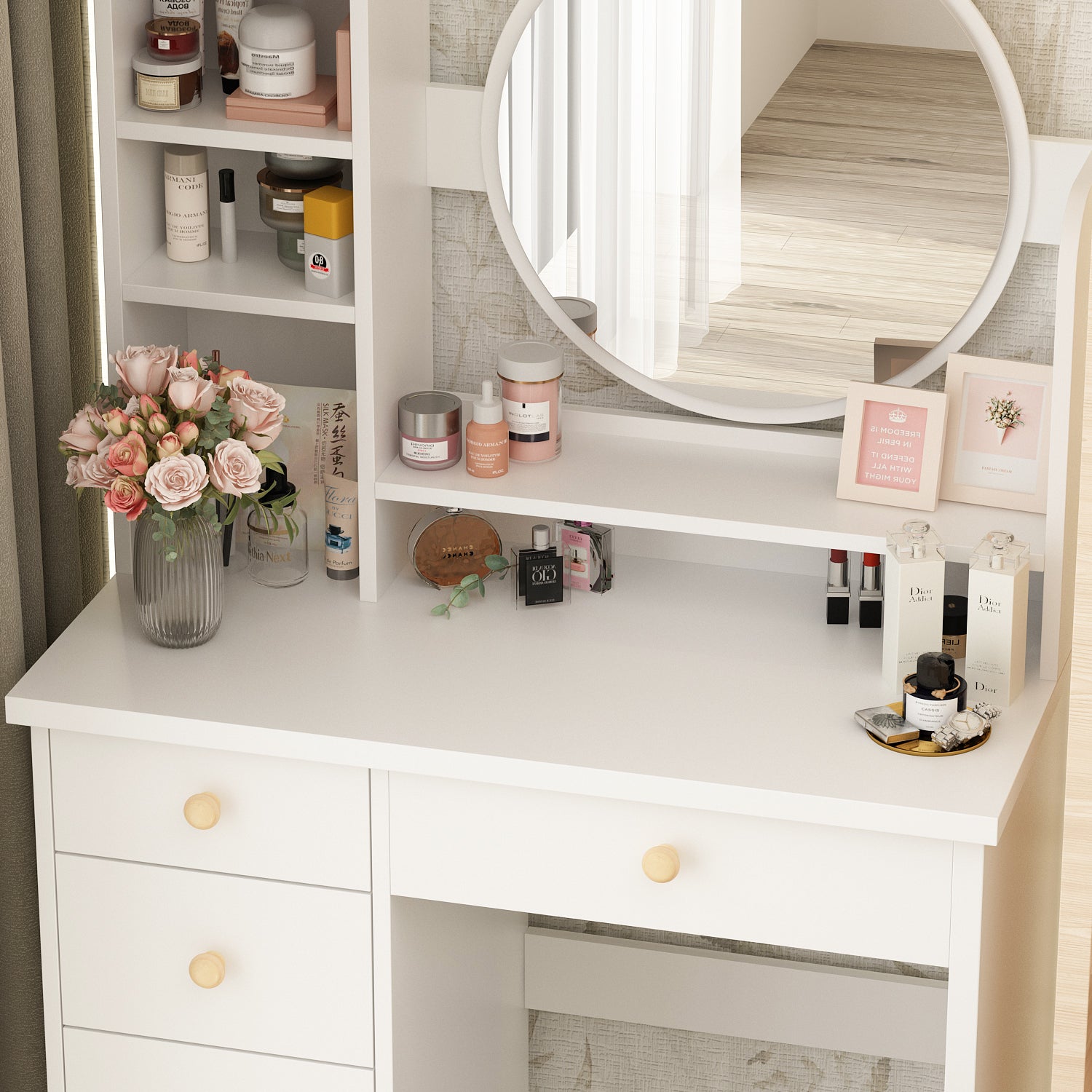 Makeup Vanity Set with Cushioned Stool, 5 Drawers & Display Shelves