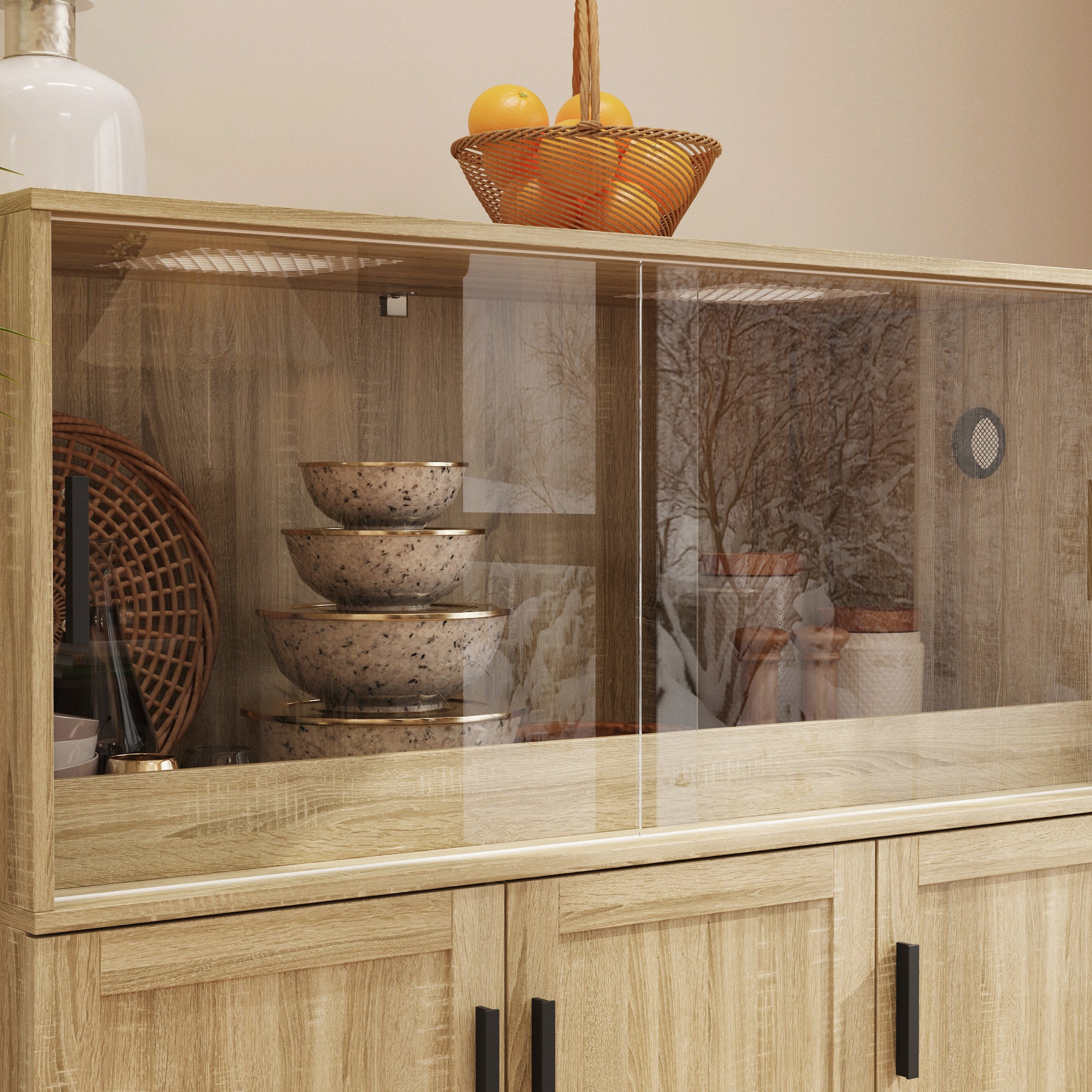 47.2 inch Modern Natural Wood Food Pantry Cabinet with Sliding Glass Doors & Ventilated Design