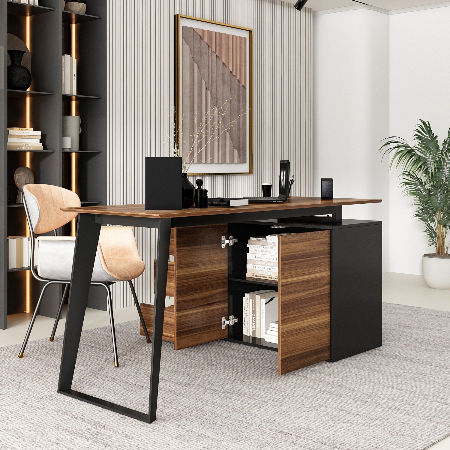 54.3" Mid-Century Modern L-Shaped Corner Computer Desk with Drawers and Wood Grain