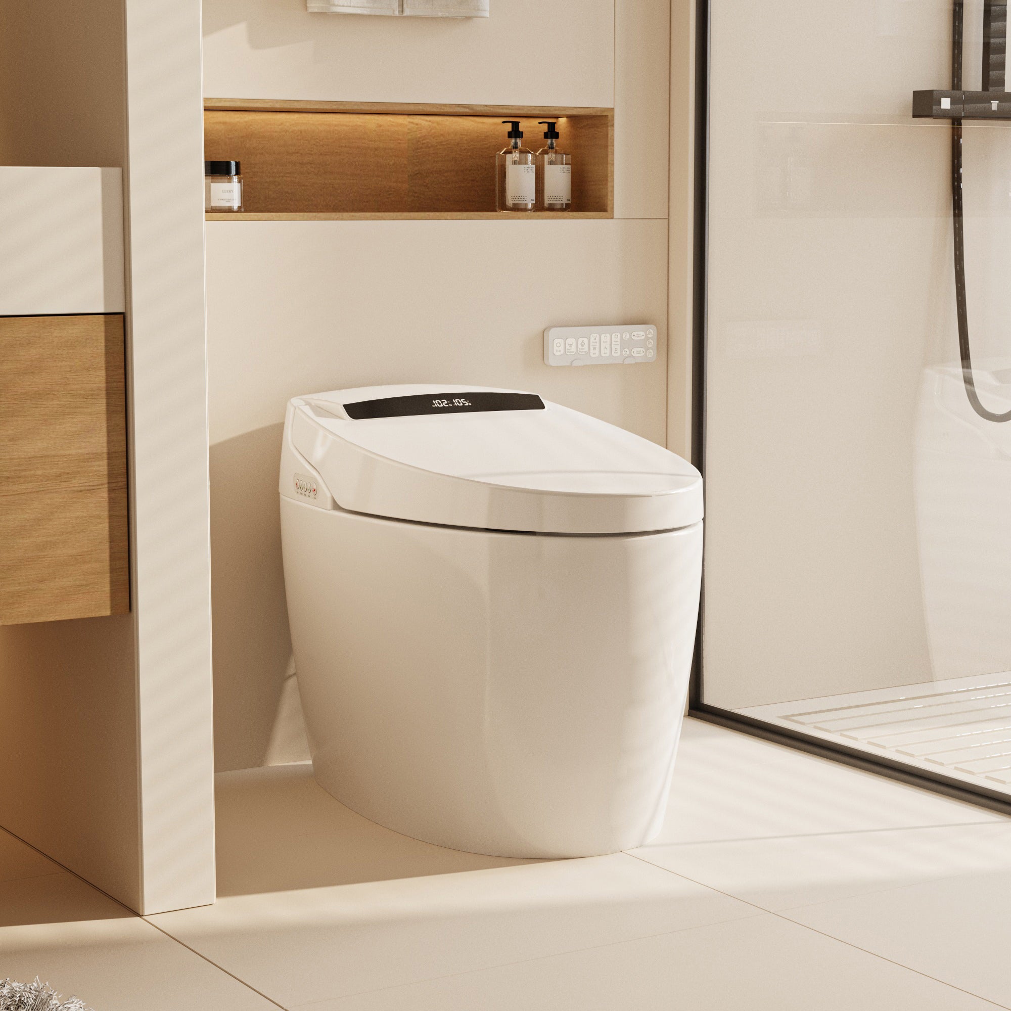 White smart toilet with closed lid, digital display, and built-in bidet
