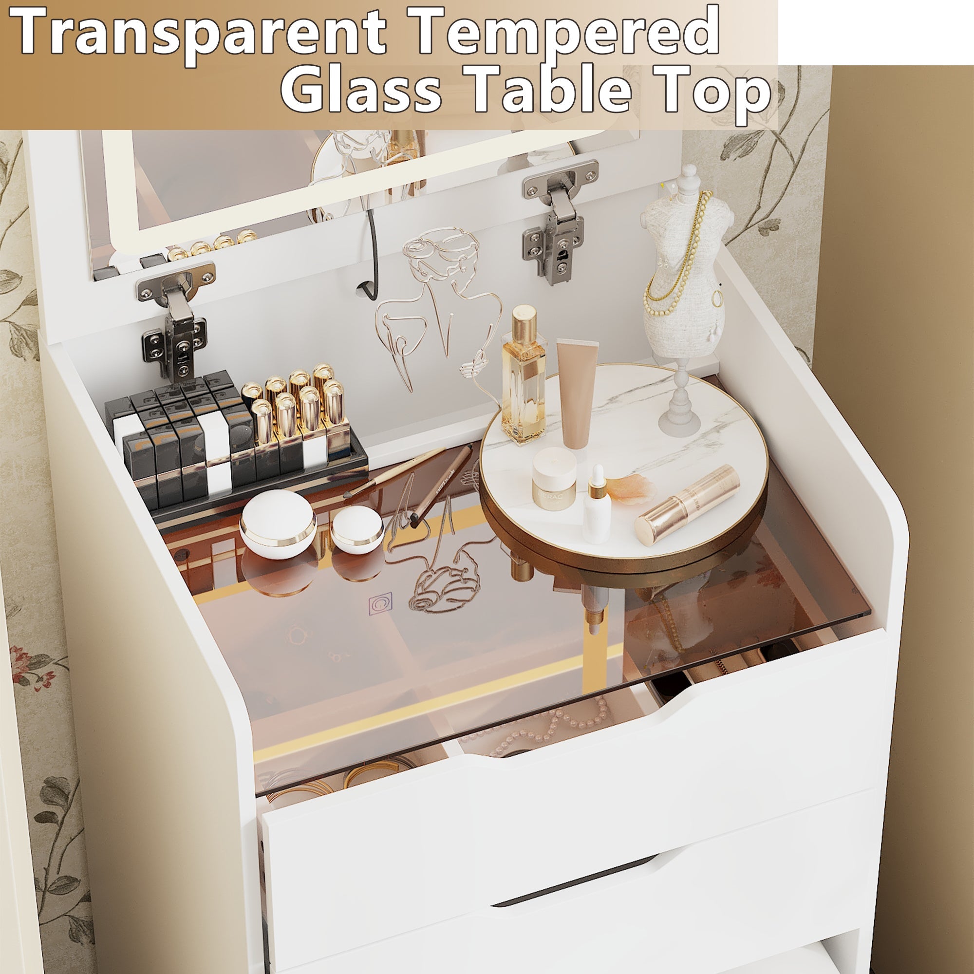 18.9 inches Modern White Vanity Desk With Light Flip Top Mirror And Comfortable Bench