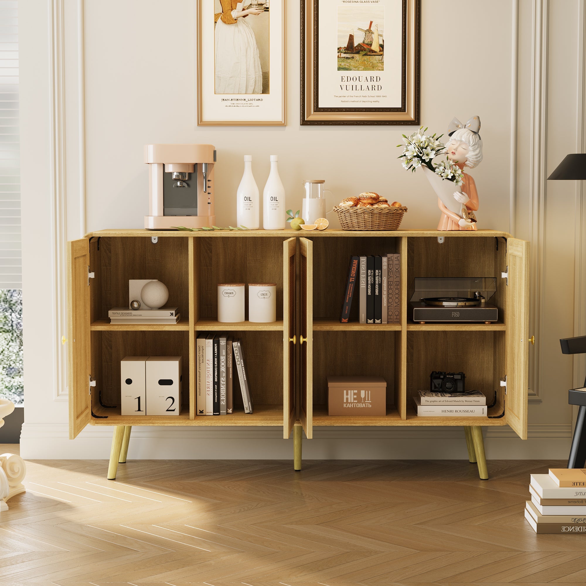 Mid-Century Modern Sideboard With Rattan Doors And Adjustable Shelves