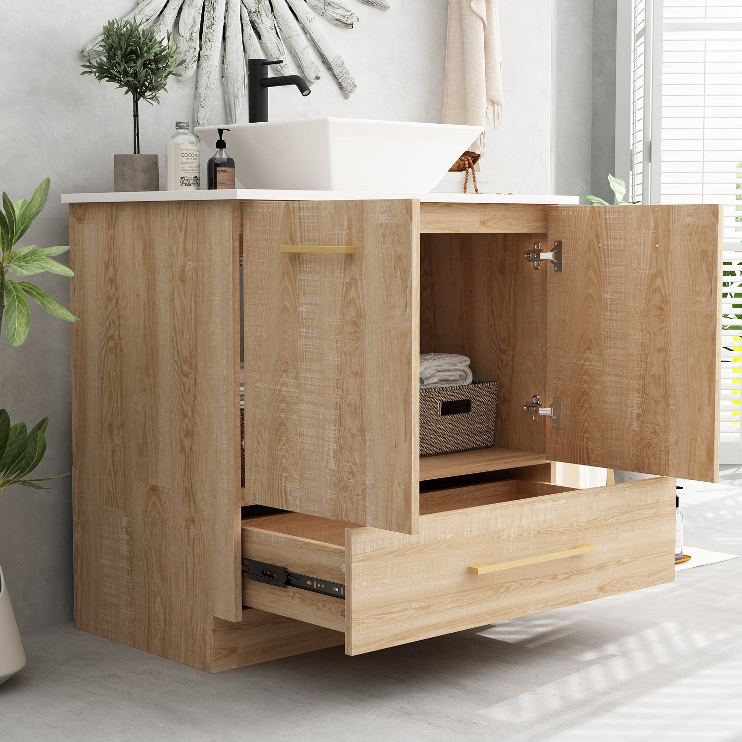 Modern Bathroom Vanity Cabinet with White Stone Vessel Sink