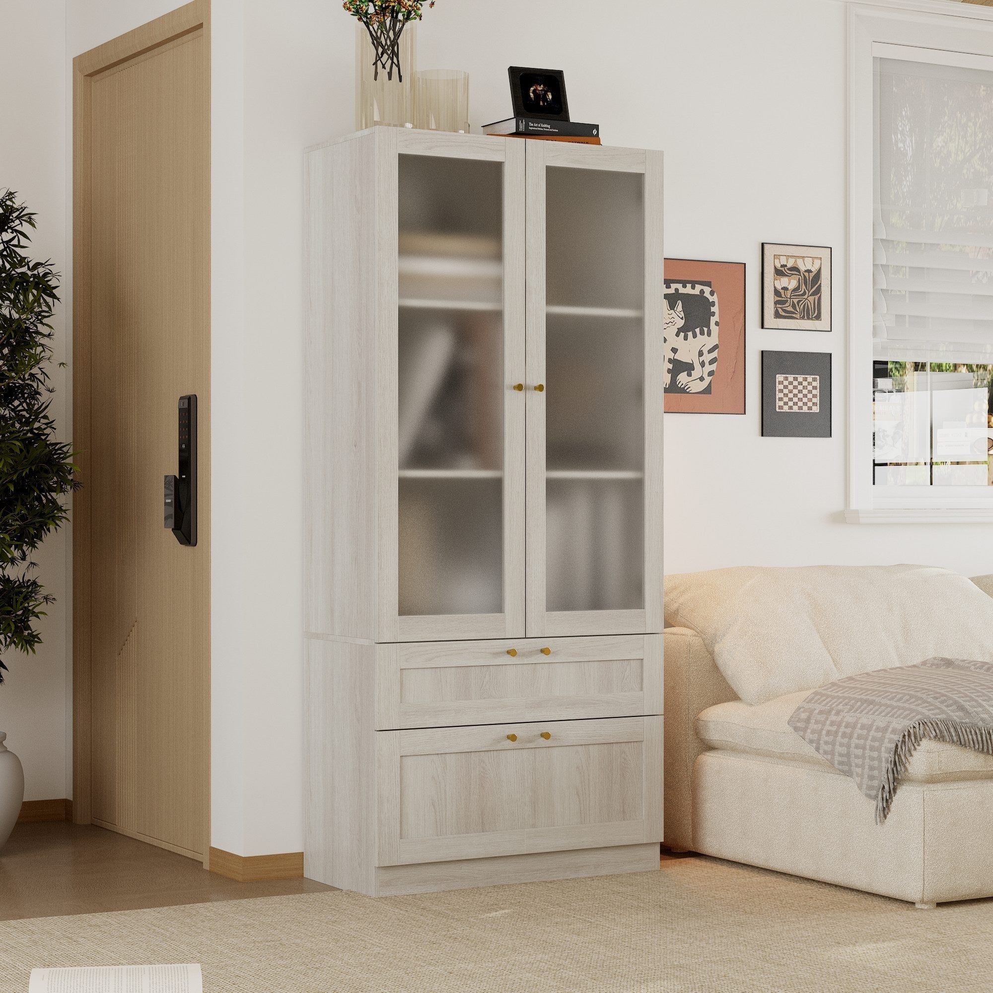 Elegant Glass Display Cabinet With Gold Handles And Storage Drawers