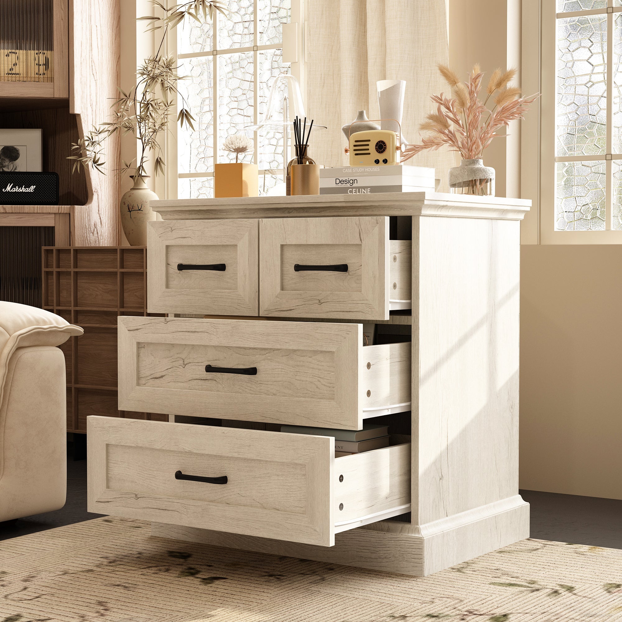 Modern Rustic Accent Chest With Four Drawers, Black Metal Handles – Distressed Light Oak