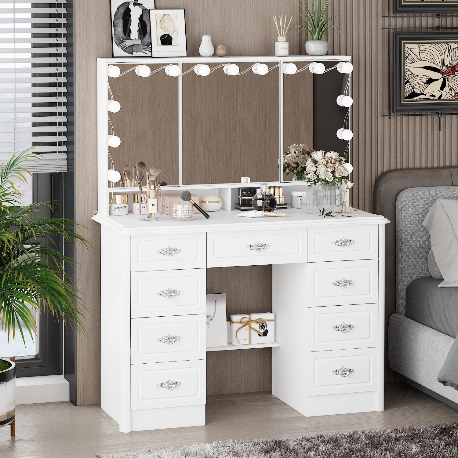 Modern 7 Drawers Vanity Table With Lights Mirror