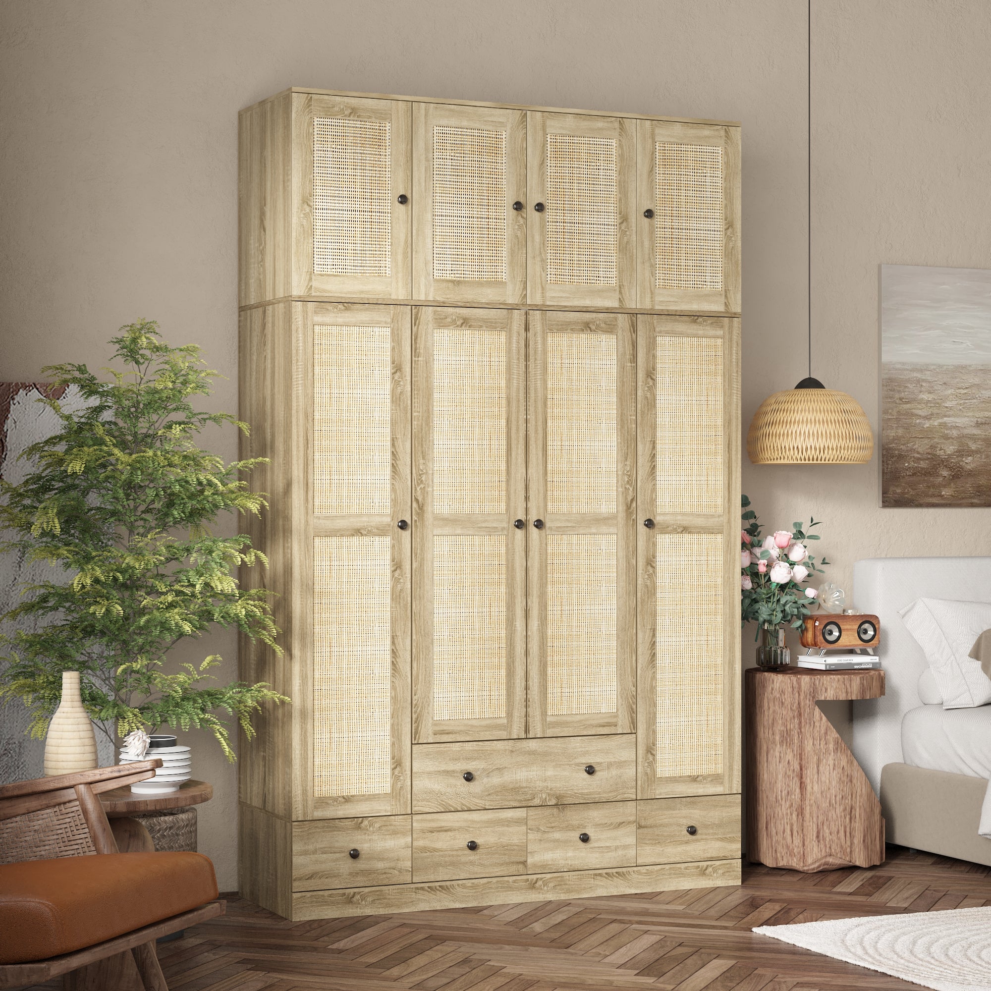 Rustic Four-Door Wardrobe With Rattan Paneling And Six-Drawer Storage