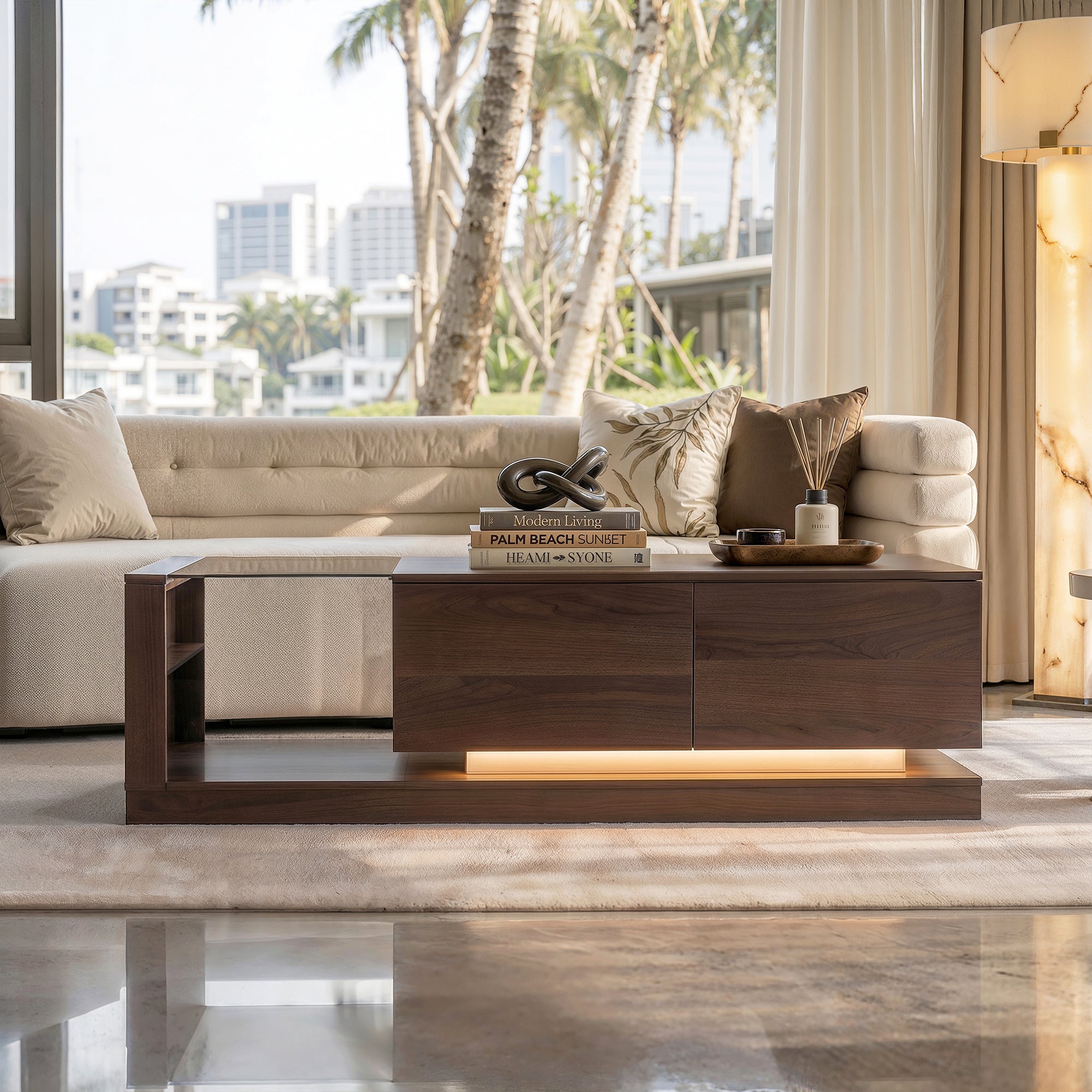 Modern Brown Coffee Table with Ambient Lighting