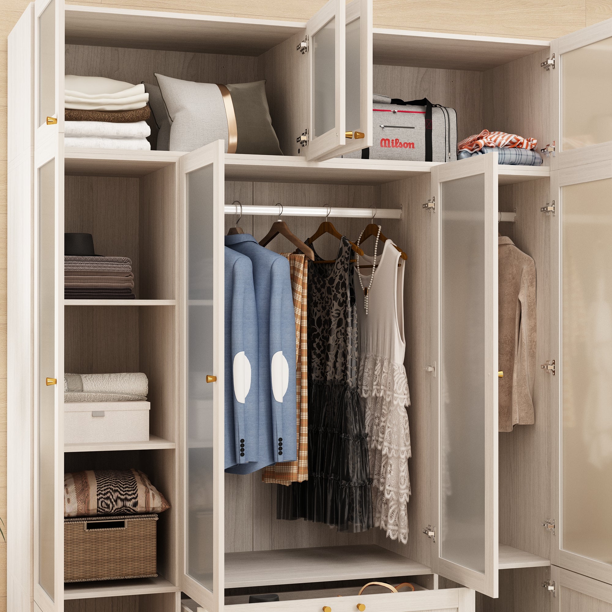 Modern Scandinavian Wardrobe With Frosted Glass Doors And Brass Accents – Spacious Storage Solution With Adjustable Shelves And Drawers
