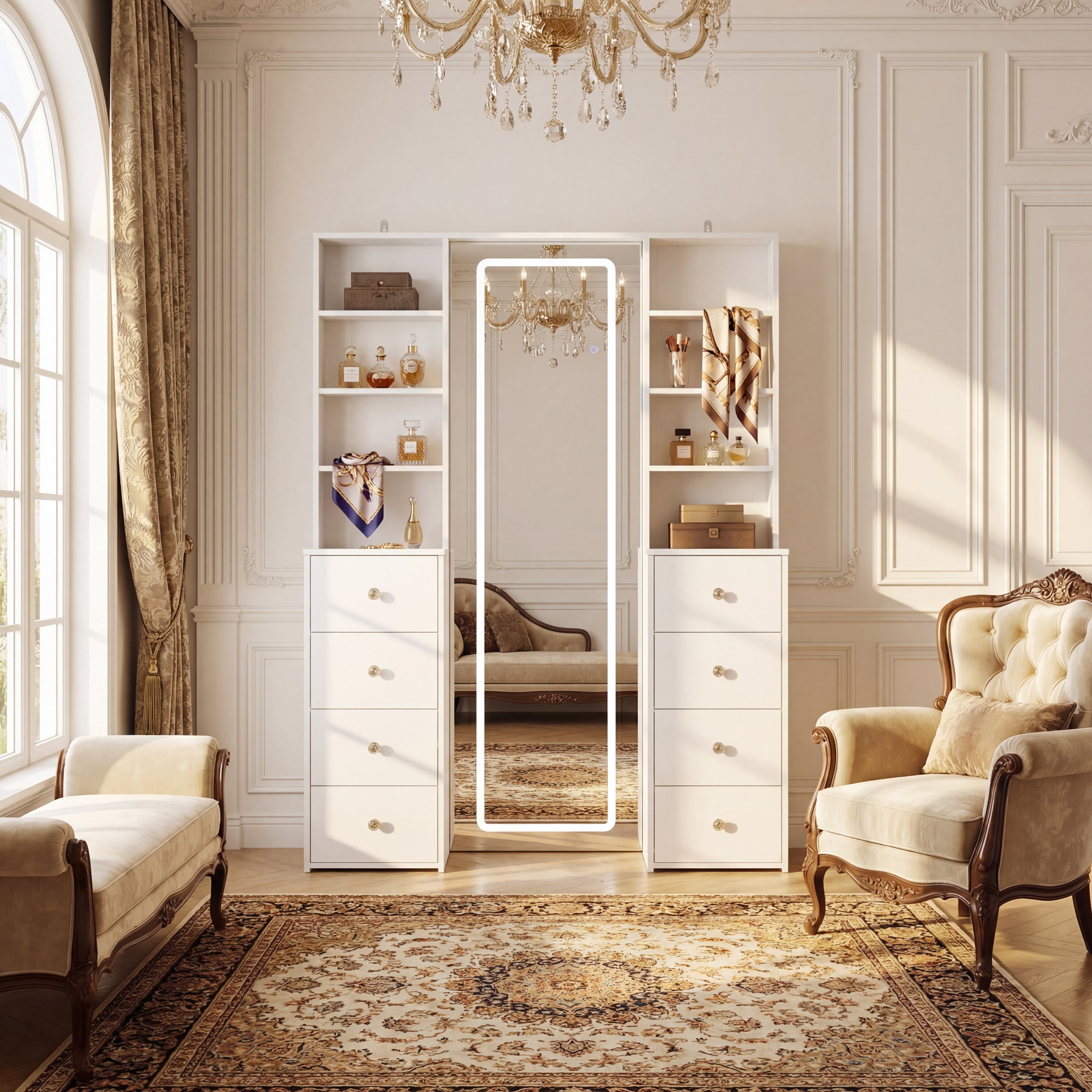 White makeup vanity with full-length LED mirror, side shelves, and drawer storage