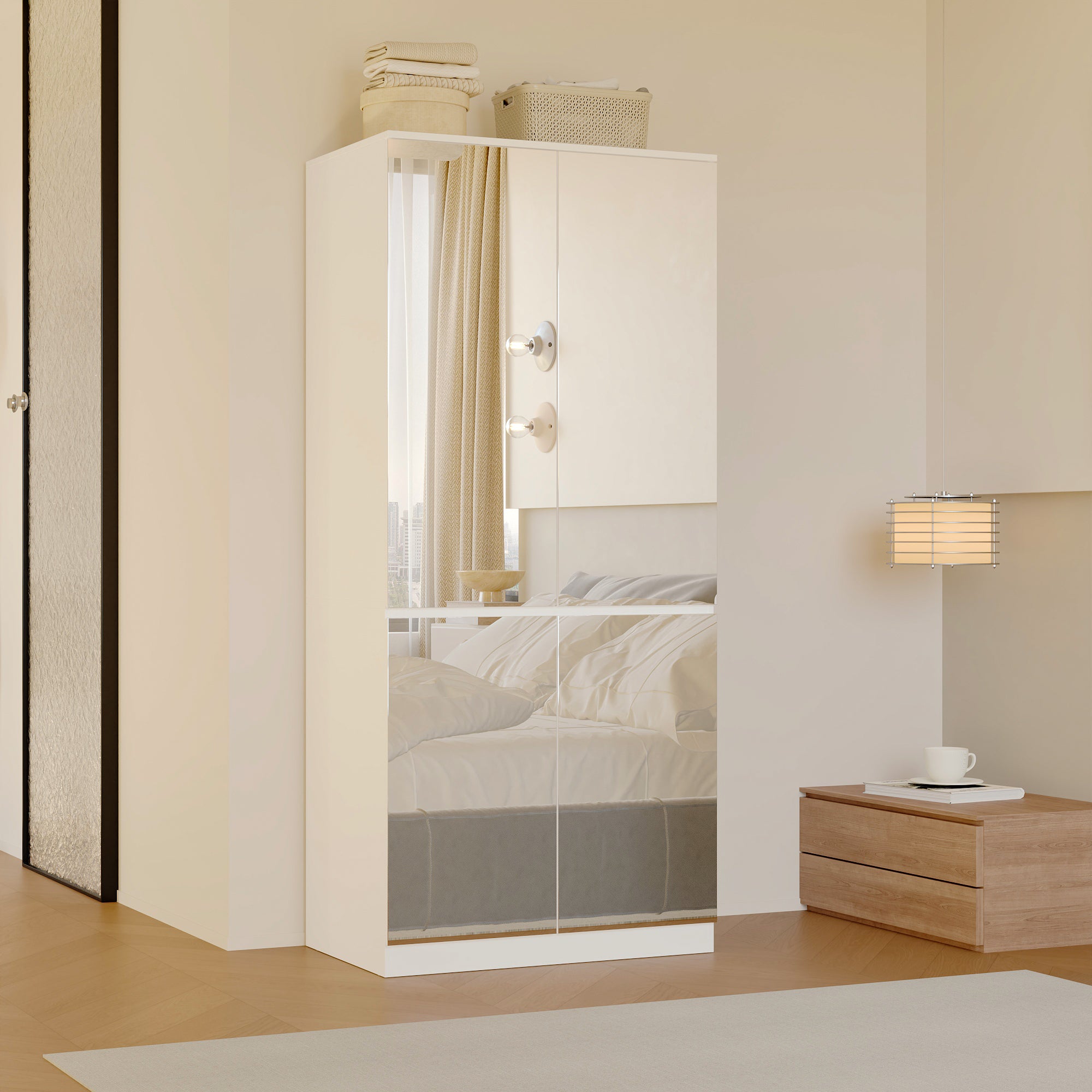 White armoire with mirrored doors and cabinet storage