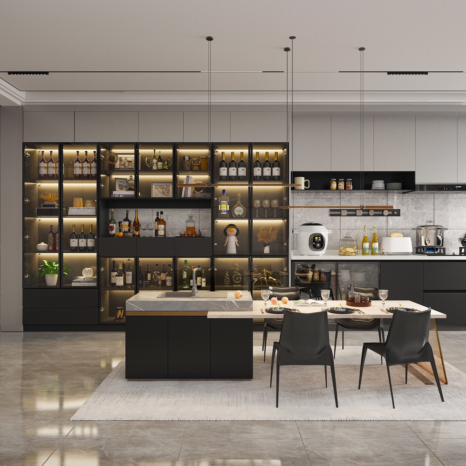 78.7'' H x 110 '' W Combination Bookcase Display Cabinet With Glass Doors & LED Lights