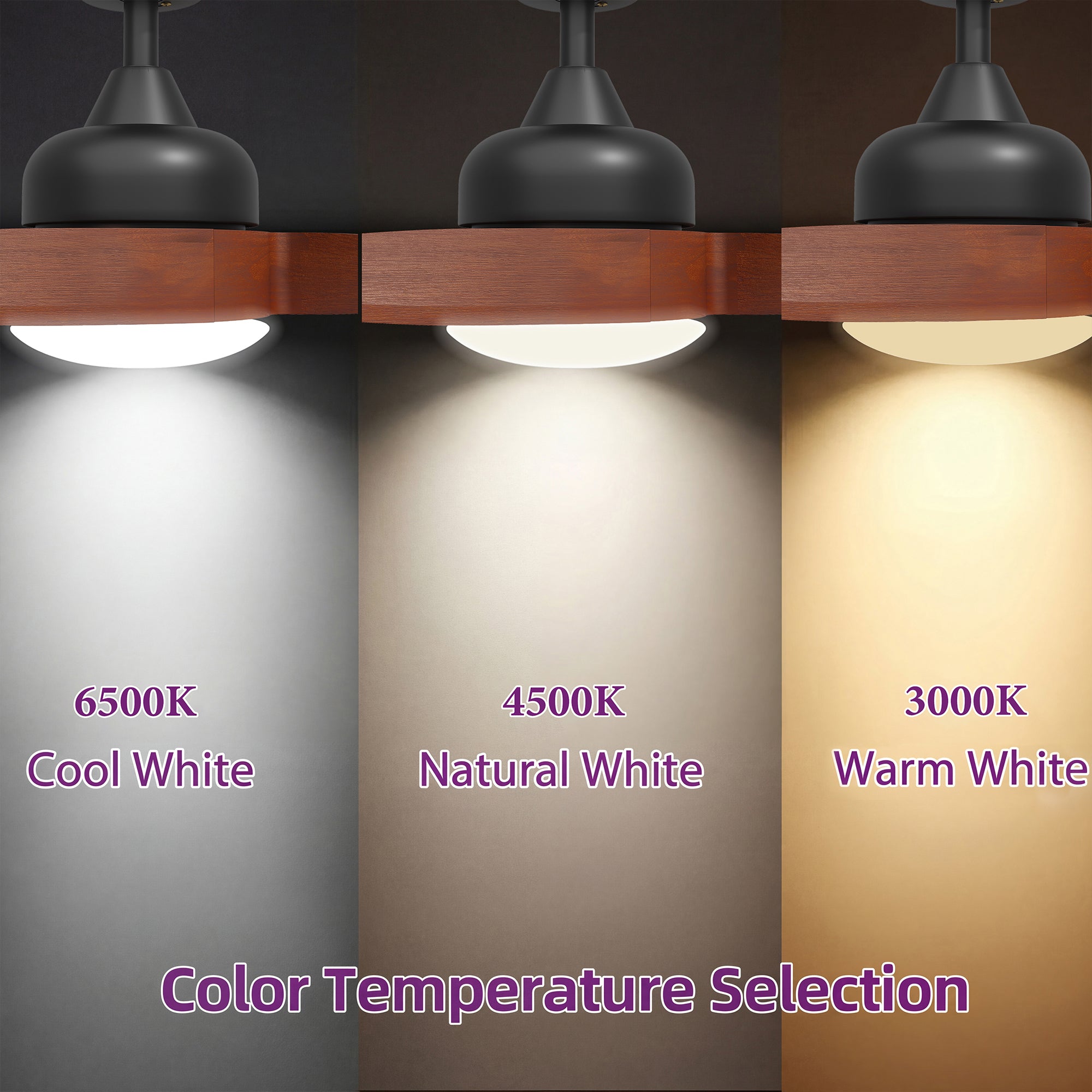 Three light bulbs with different color temperatures on a dark background