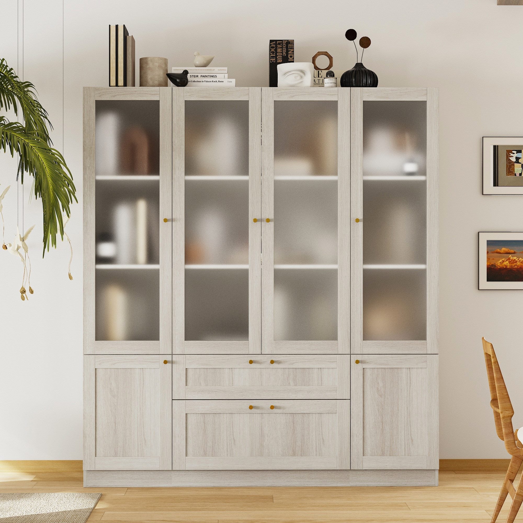 Adjustable Glass Display Cabinet With Frosted Doors And Spacious Storage