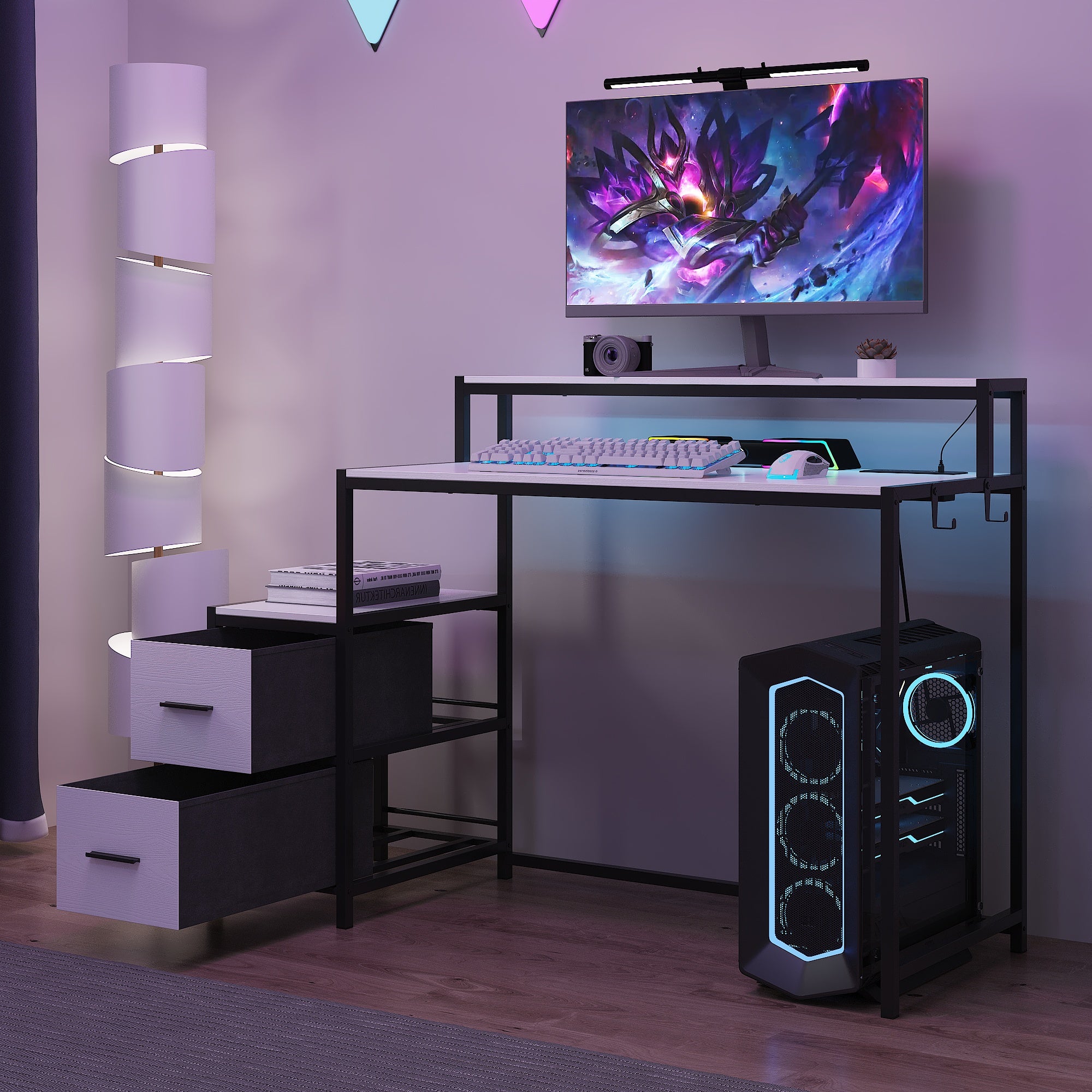 Computer Desk With Monitor Stand & Charging Station, Gaming Desk With LED Lights & Drawers