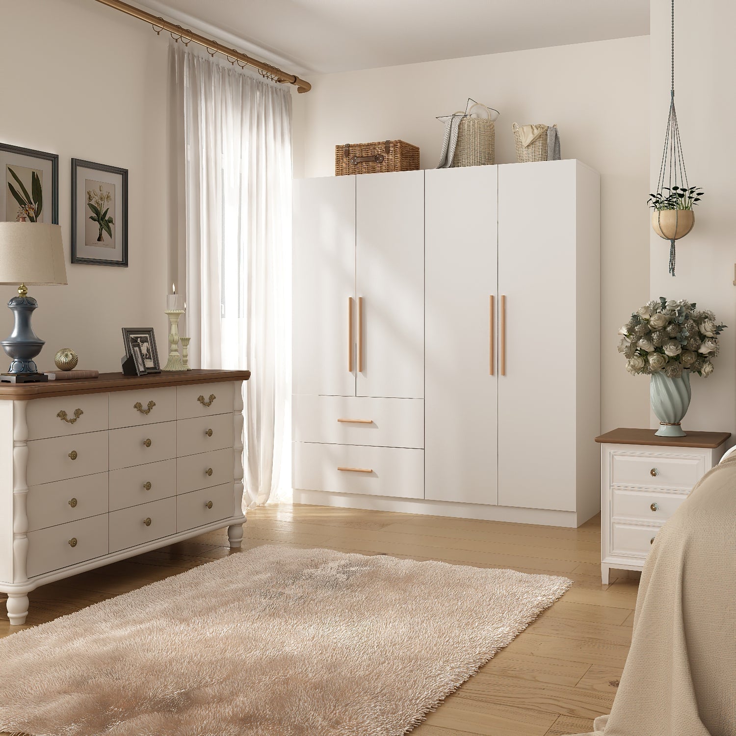 Armoire Solid Wood Clothes Organizer Storage Cabinet 4-Door Wardrobe Family Closet