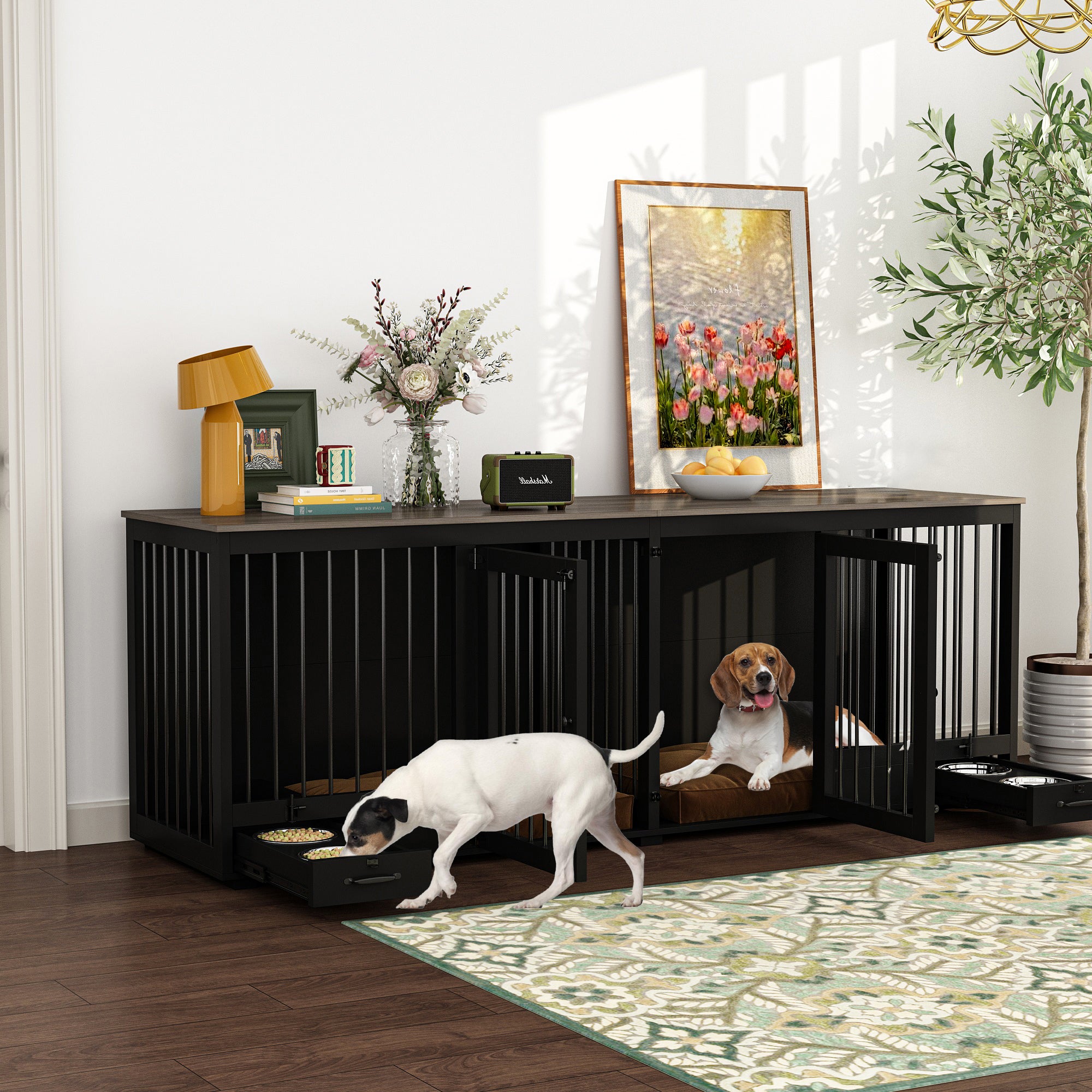 Large Dog Crate Furniture With Pull-Out Dog Bowls And Divider