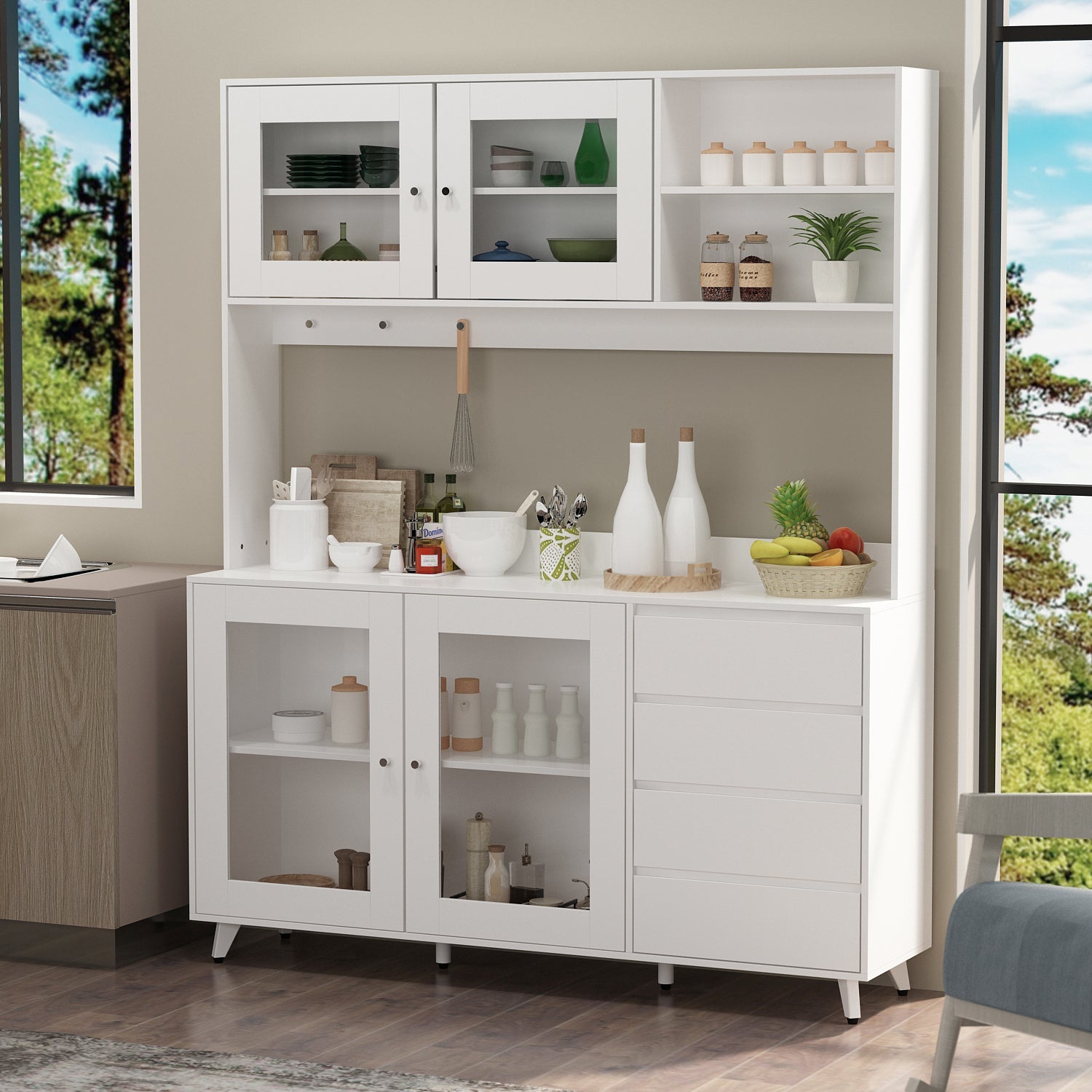 Kitchen Pantry Cabinets with Hutch, 63" W Large Storage Cupboard Pantry with 4 Doors, 4 Drawers & Microwave Shelf, Freestanding Kitchen Storage Buffet (63" W x 15.7" D x 74.8" H)