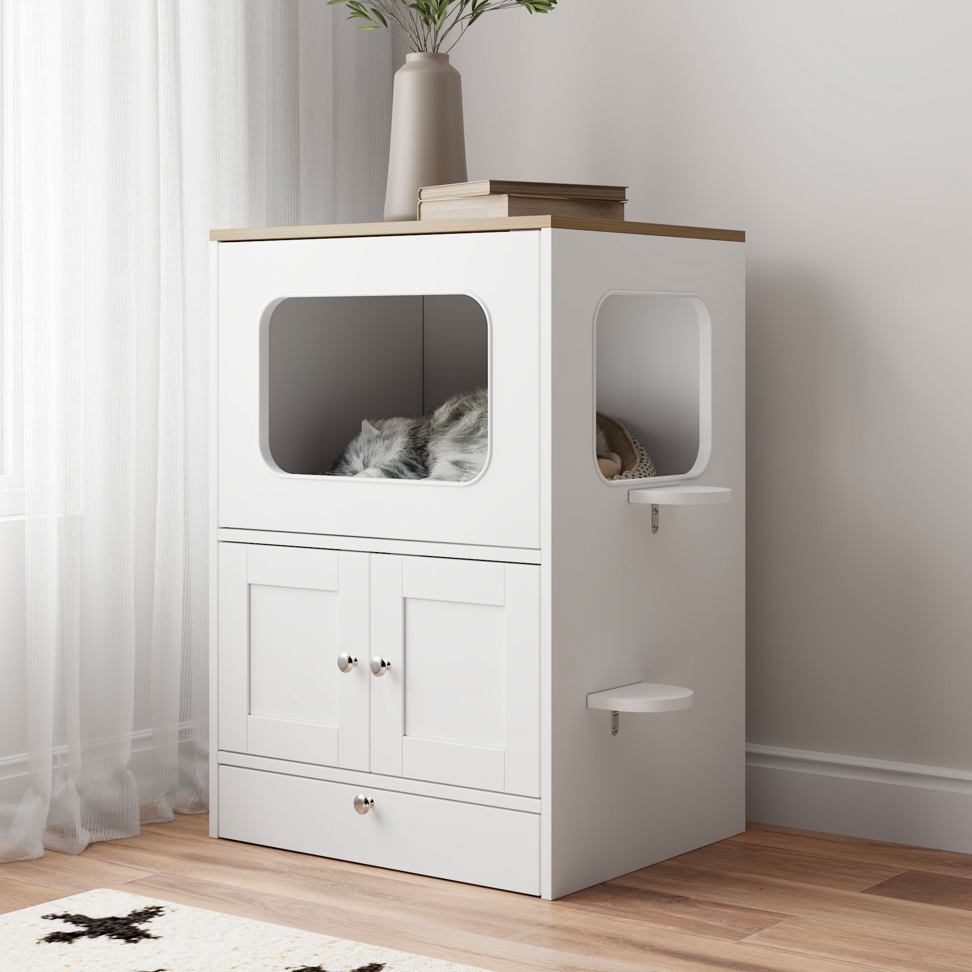 21.7 inches Modern White Multi-Functional Cat Condo Cabinet with Feeding Station and Storage