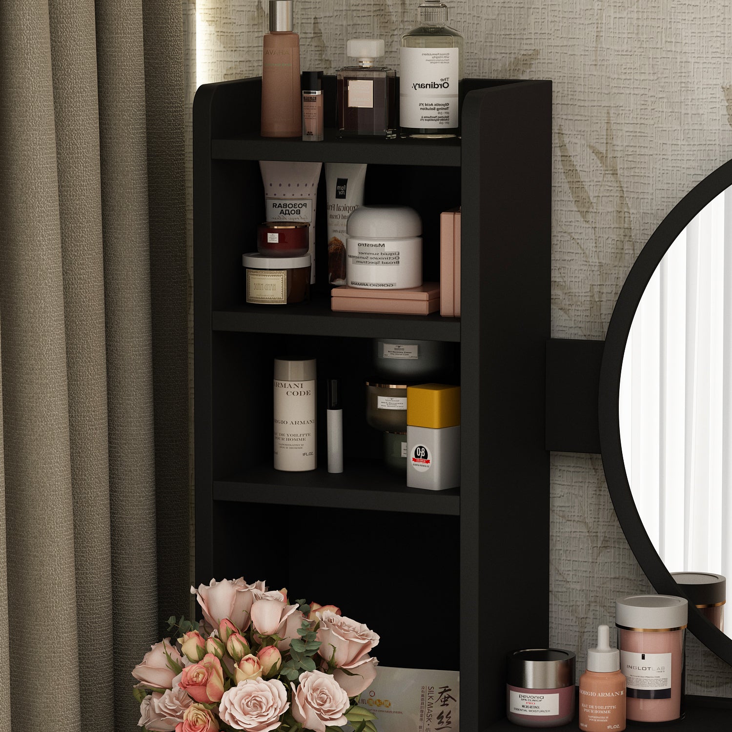 Makeup Vanity Set with Cushioned Stool, 5 Drawers & Display Shelves