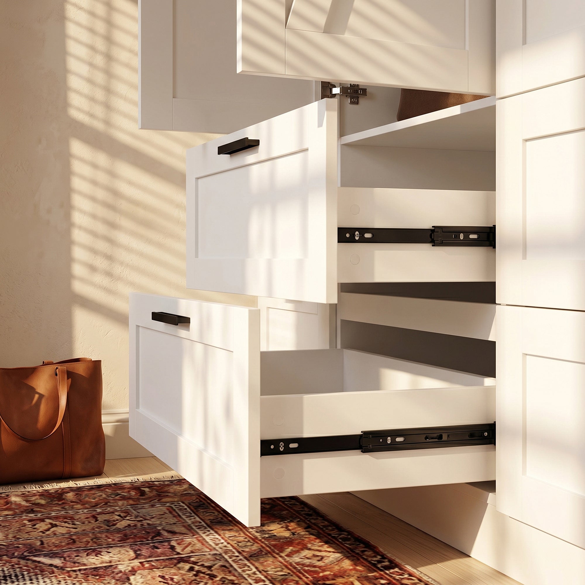 59.8" Modern Farmhouse White 4-Door Wardrobe with Geometric Slat Doors, 4 Drawers and Black Handles