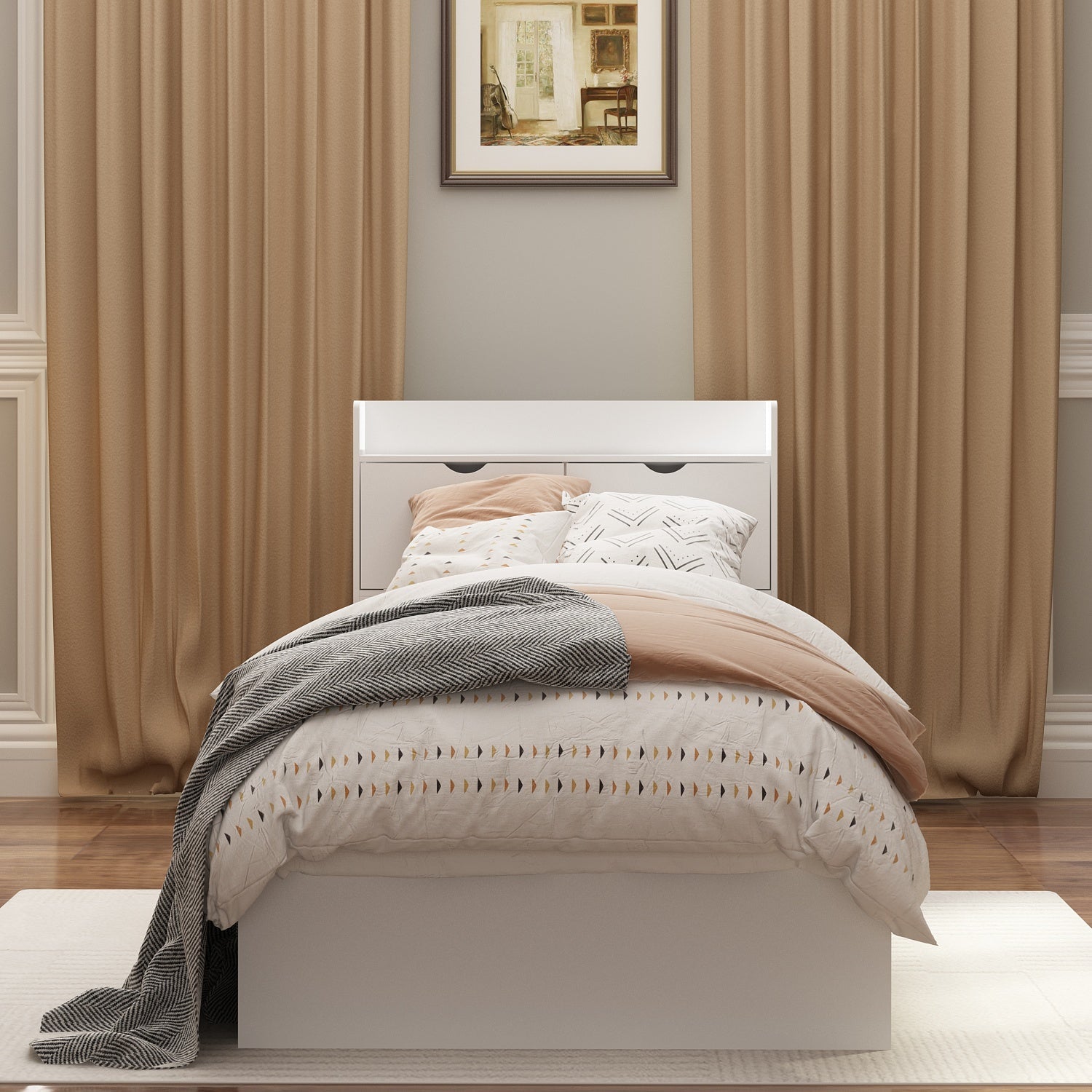 Platform Storage Queen Bed with Storage Headboard and 2 Drawers