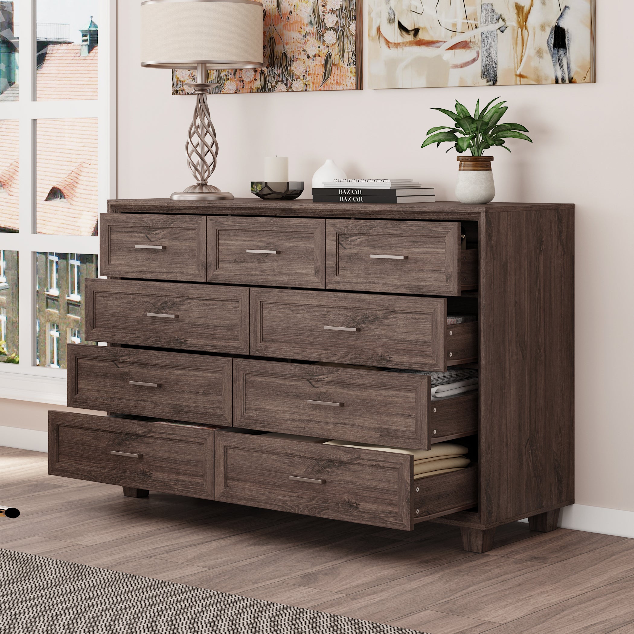 60" Wide 9-Drawer Accent Chest With Metal Handles