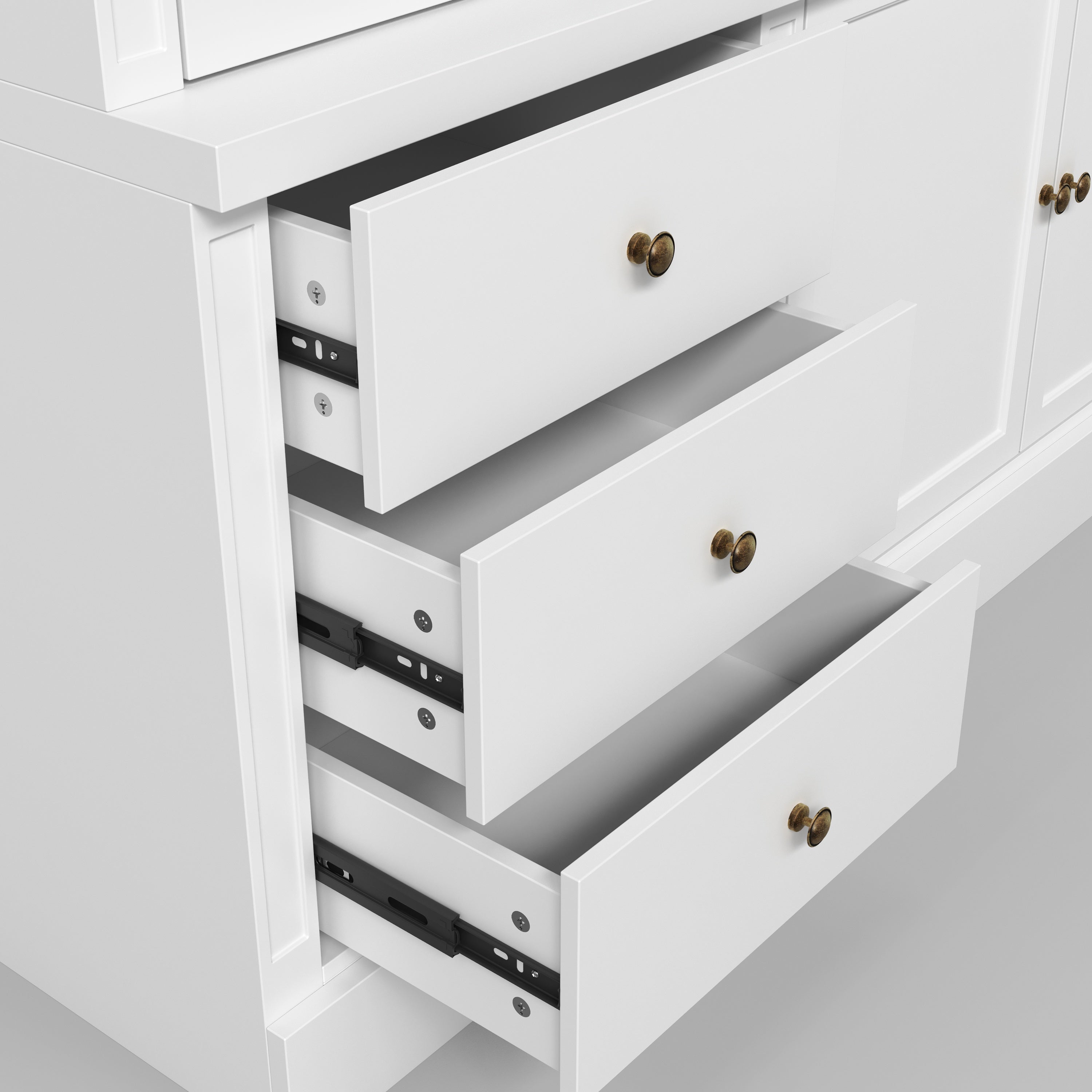 White entertainment center with open TV space, glass side cabinets, lower storage cabinets, and drawers