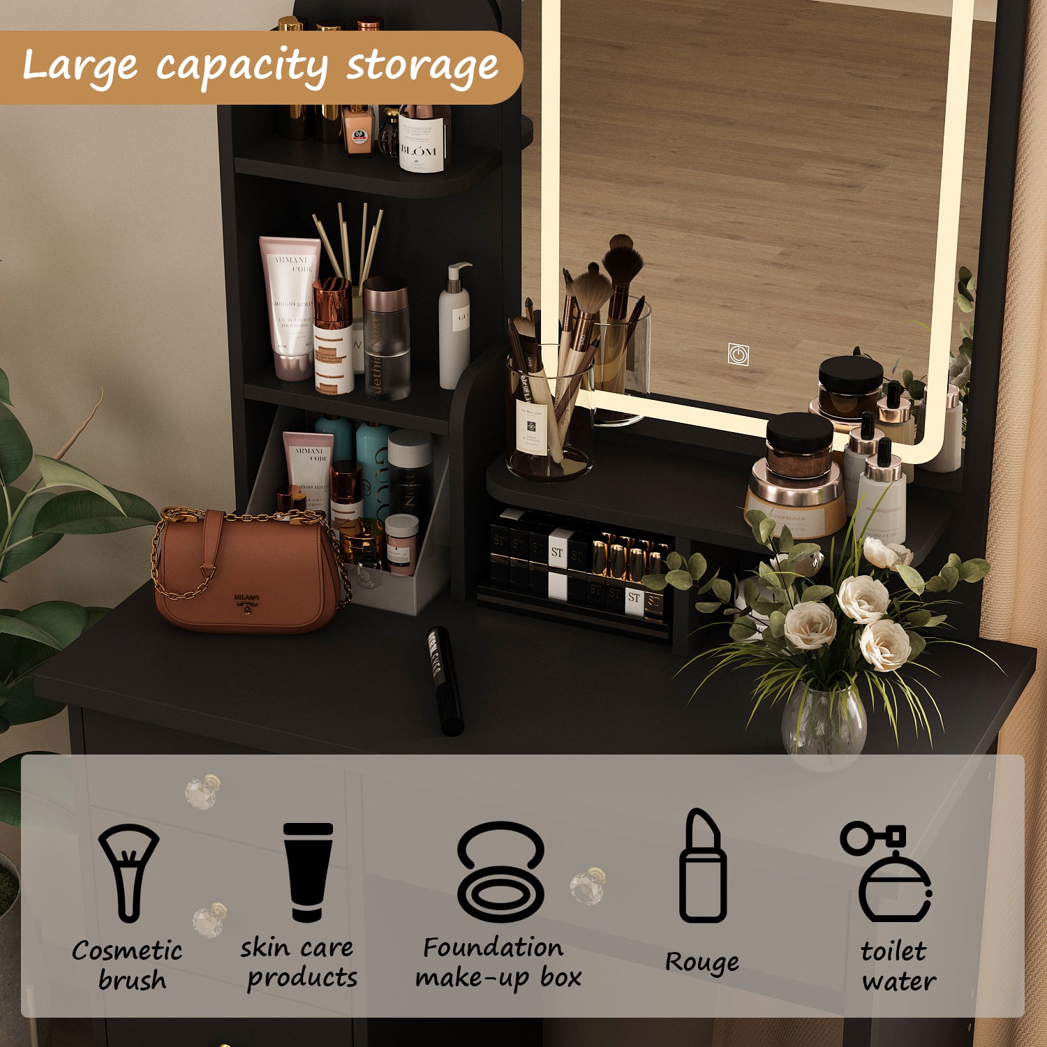 Modern Vanity Desk With LED Mirror, 5 Drawers, Shelves And Matching Stool, Makeup Dressing Table