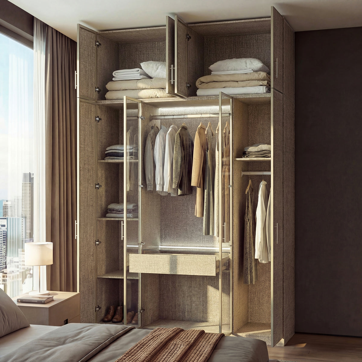 Beige wardrobe cabinet with glass doors, hanging rods, and top cabinets
