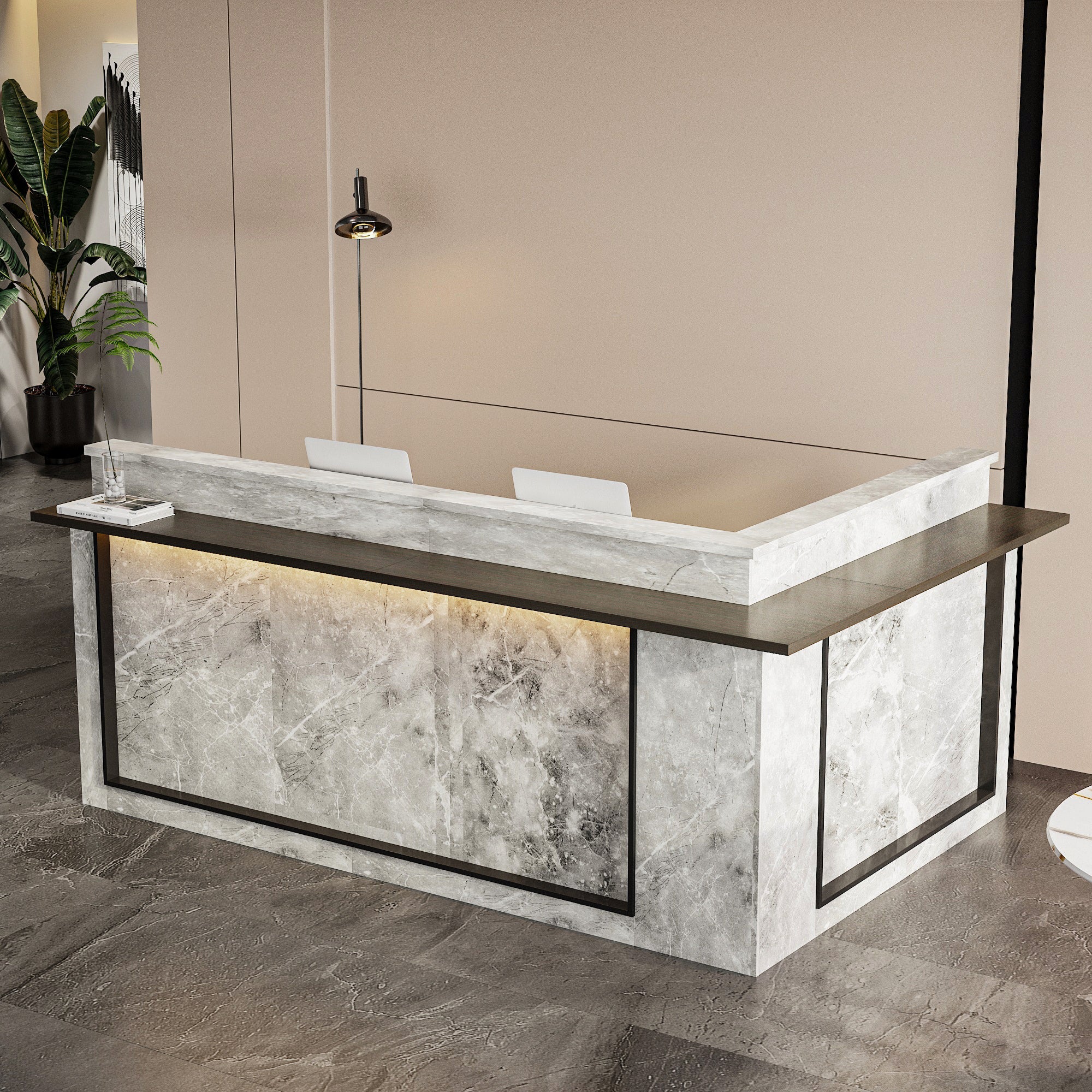 94.5 inches Modern Gray L-Shaped Reception Desk with LED Lights