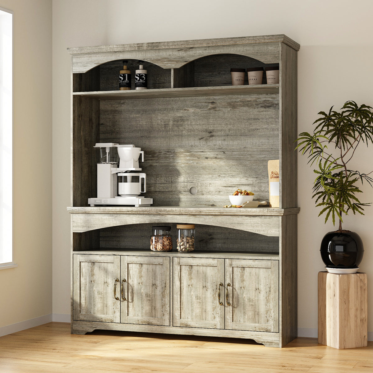 53.7" Retro Brown Dining Hutch with Adjustable Shelves