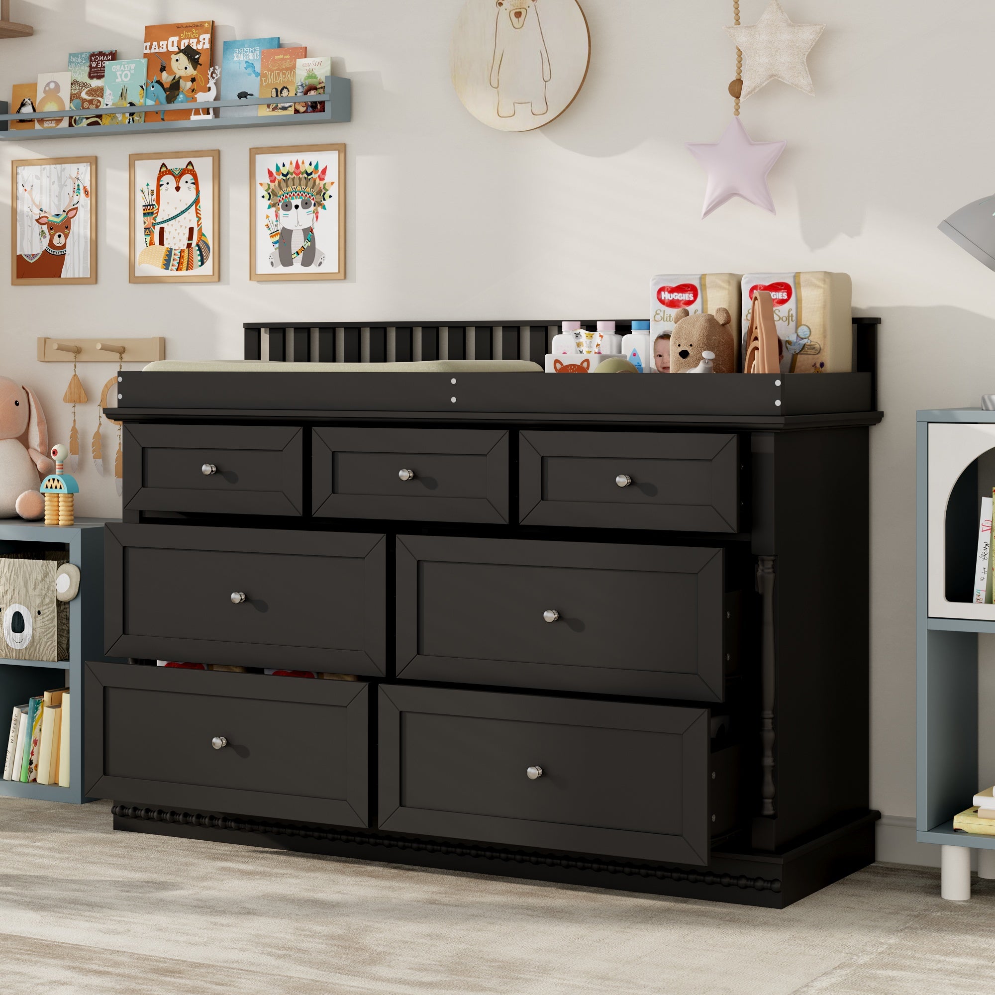 Chest Nursery Dresser Changing Table Top – 7-Drawer Baby Storage Organizer for Diapers and Clothes