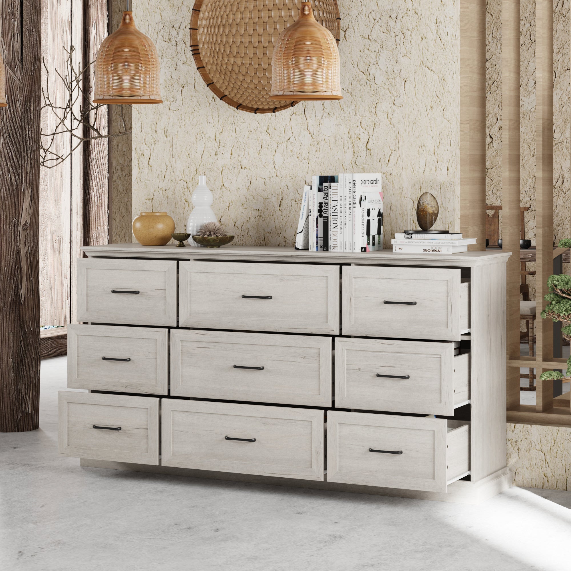 Modern Chest Of 9 Drawers Wood Dresser Storage Cabinet For Living Room