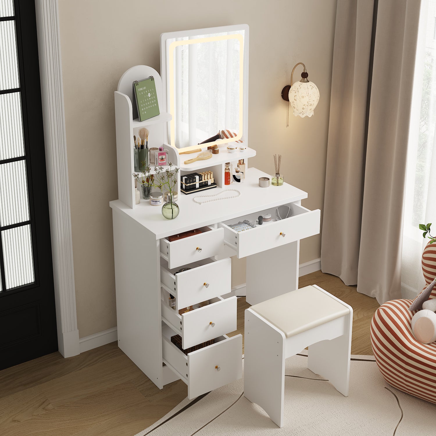 Modern Vanity Desk With LED Mirror, 5 Drawers, Shelves And Matching Stool, Makeup Dressing Table