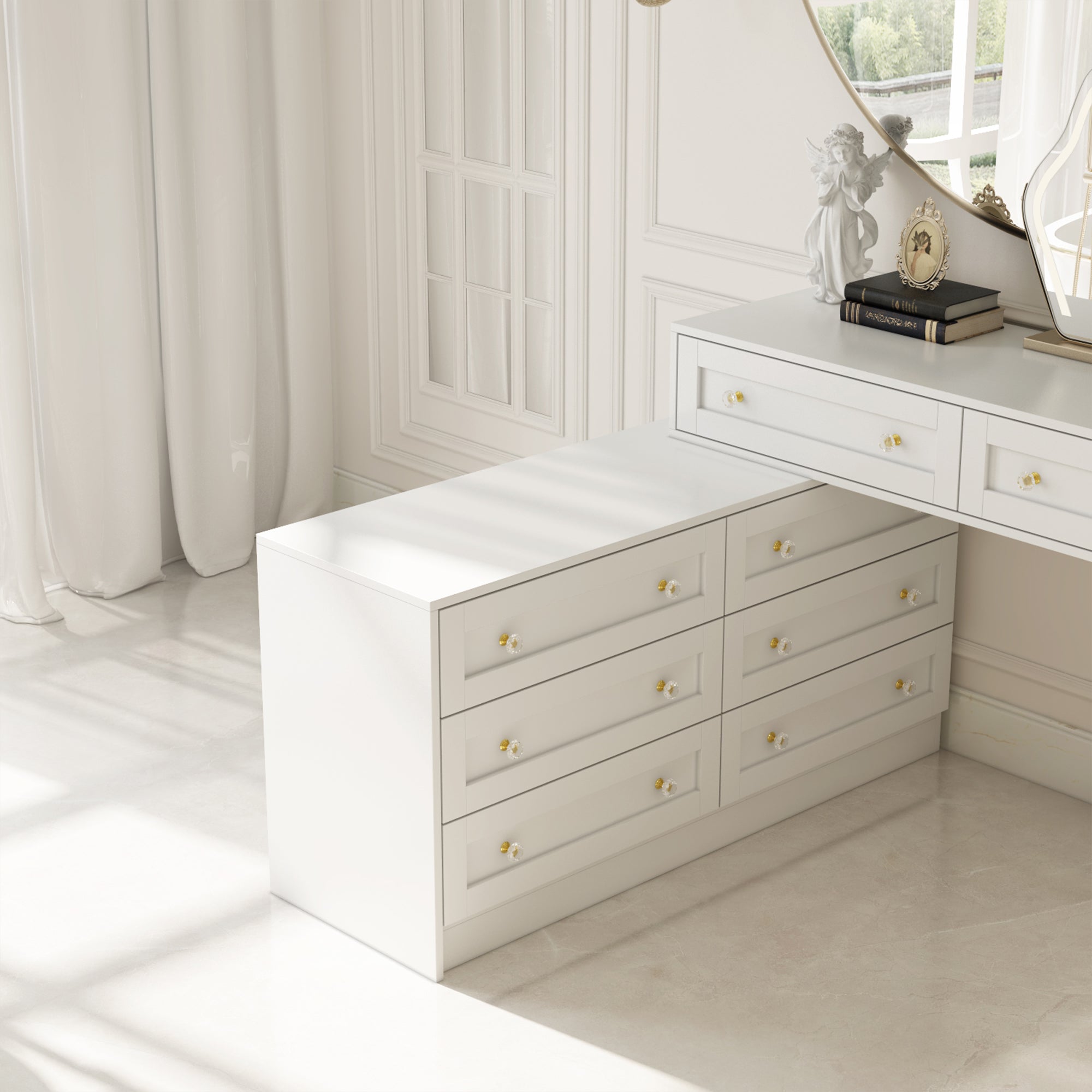 White Dresser and Vanity Versatile Storage Solution Crystal Desk