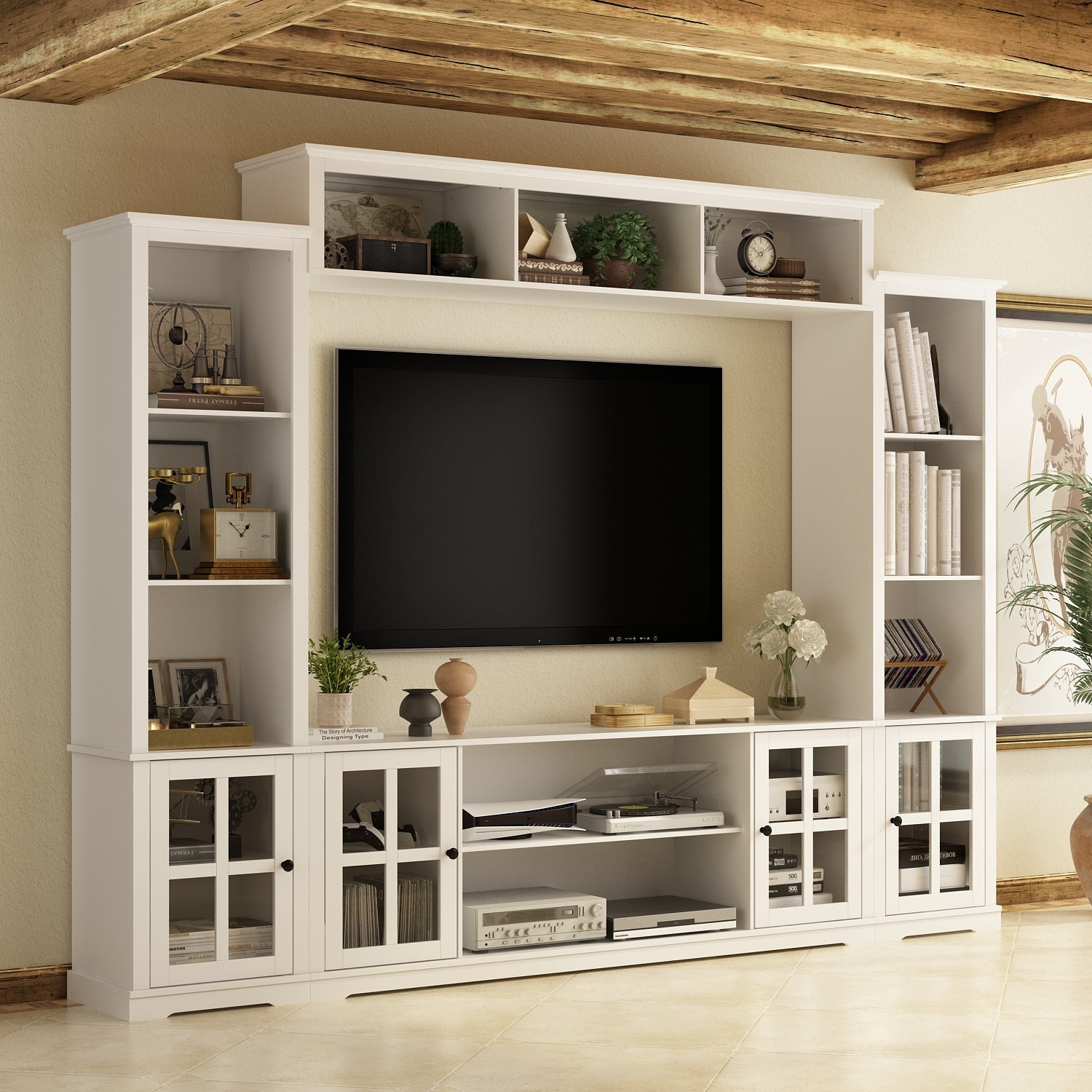 TV Stand Large Entertainment Wall Unit White Entertainment Center for Living Room