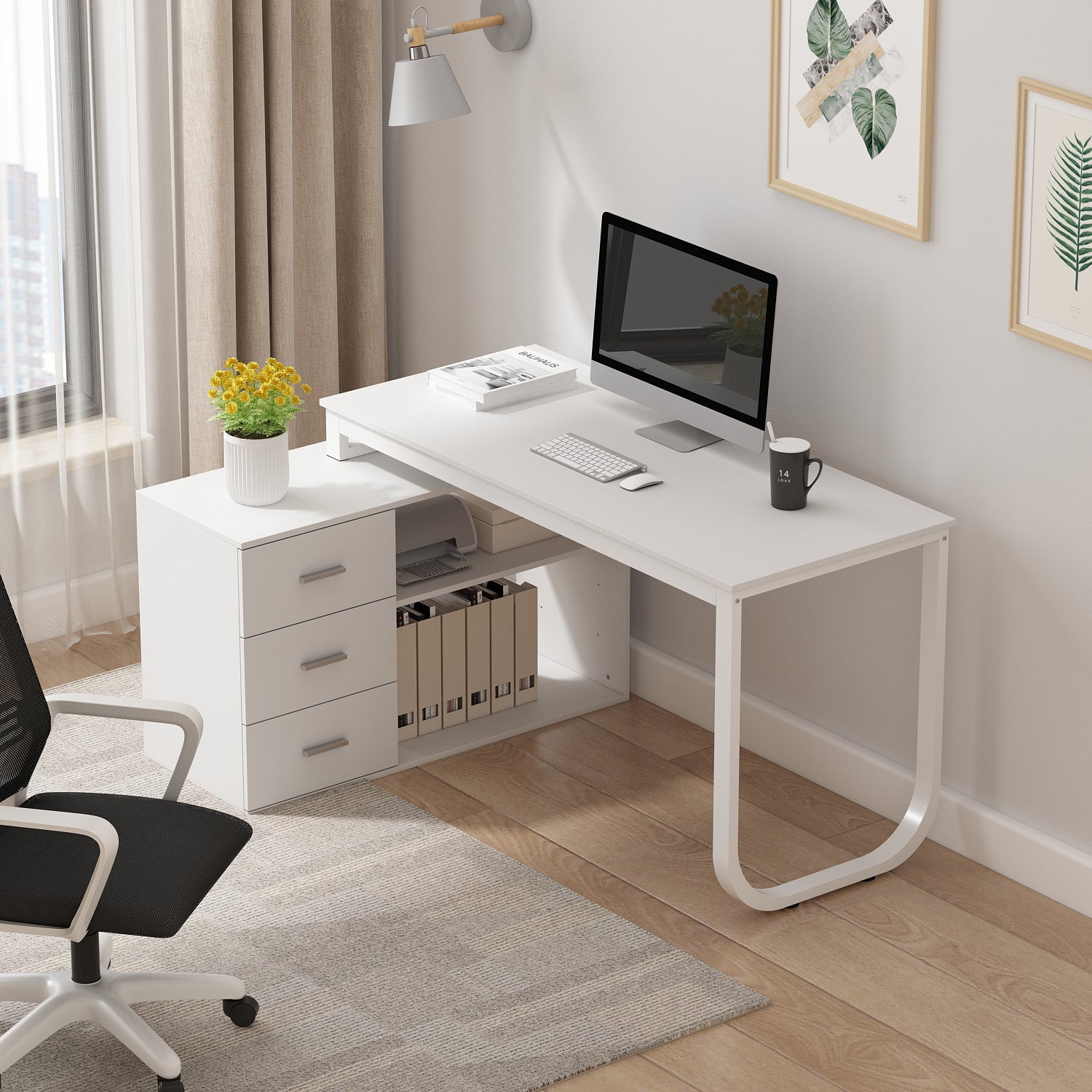 Home Office Computer Desk Corner Desk with 3 Drawers and 2 Shelves, 55 Inch Large L-Shaped Study Writing Table with Storage Cabinet