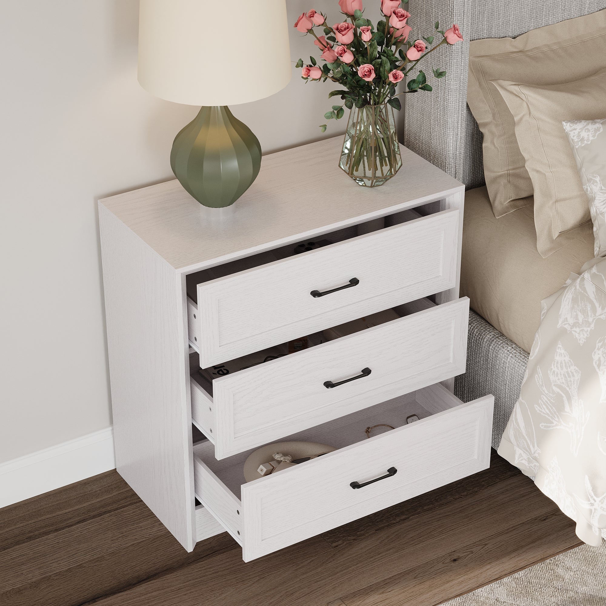3-Drawer Nightstand With Wood Grain Finish