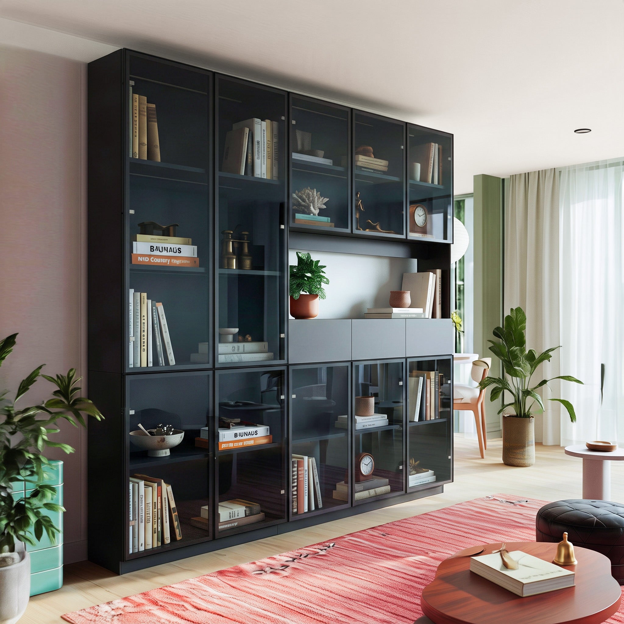78.7" Large Bookcase with Glass Doors and 3-Color Changing LED Lights